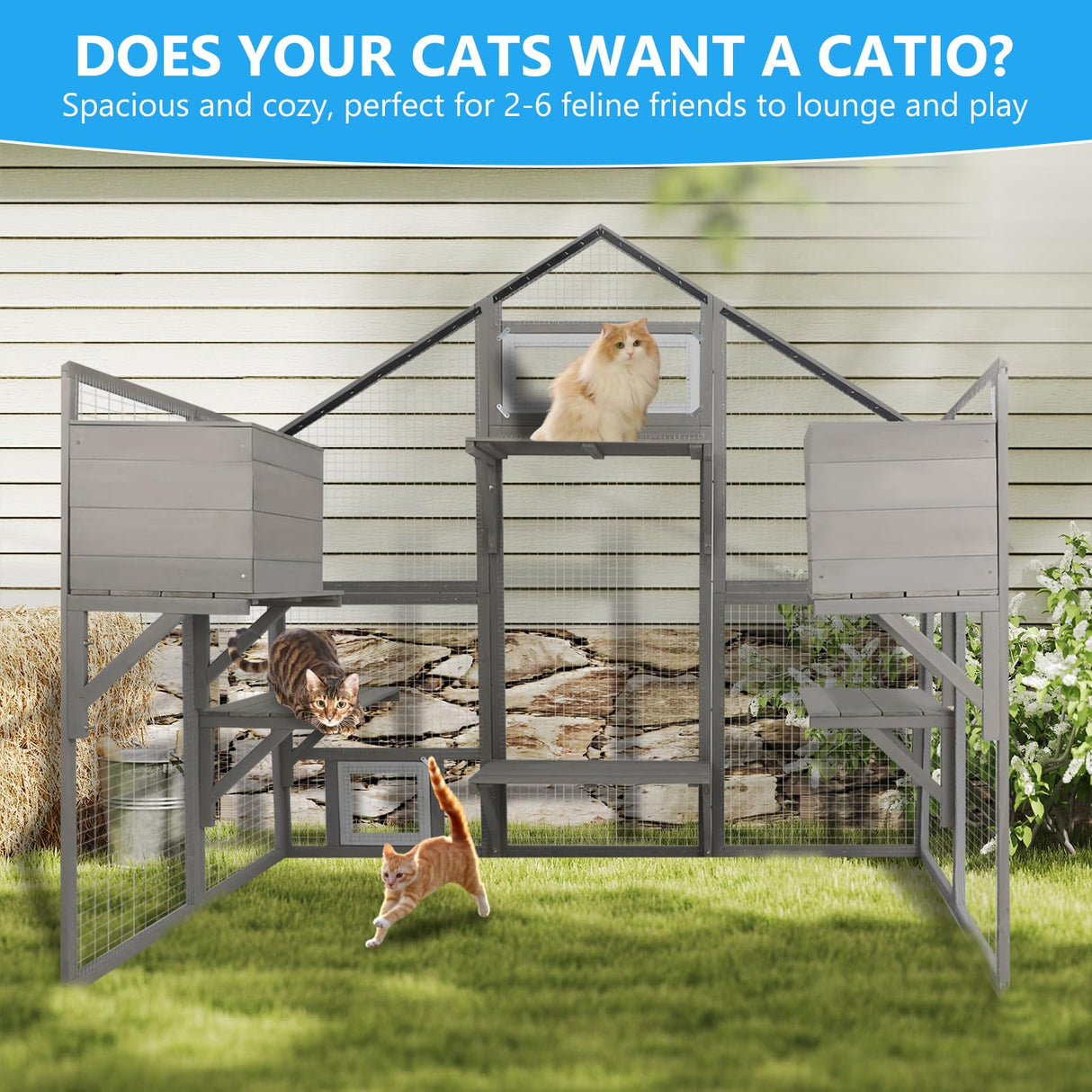 Gowoodhut 69.9"L Catio Outdoor Cat Enclosure for Multiple Cats,Wooden Walk In Cats Shelter Kitty Enclosure with 2 Resting Boxes,6 Platform,2 Middle Platform,Kitty Kennel with Weatherproof Cover(GREY) Gowoodhut
