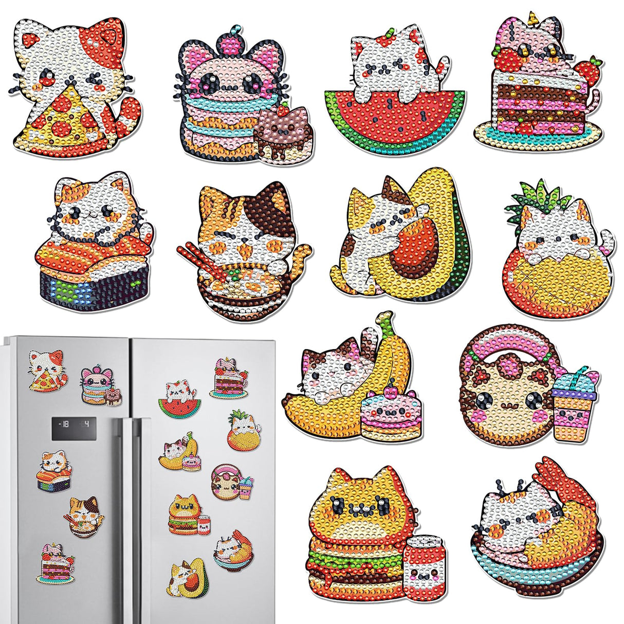 INCOK Cat Diamond Art Magnets Refrigerator - 12 PCS DIY Diamond Painting Kits Pineapple Hamburger Avocado Fridge Magnets Home Decors Art Crafts Birthday Gift for Adults Beginners Cat Lover INCOK