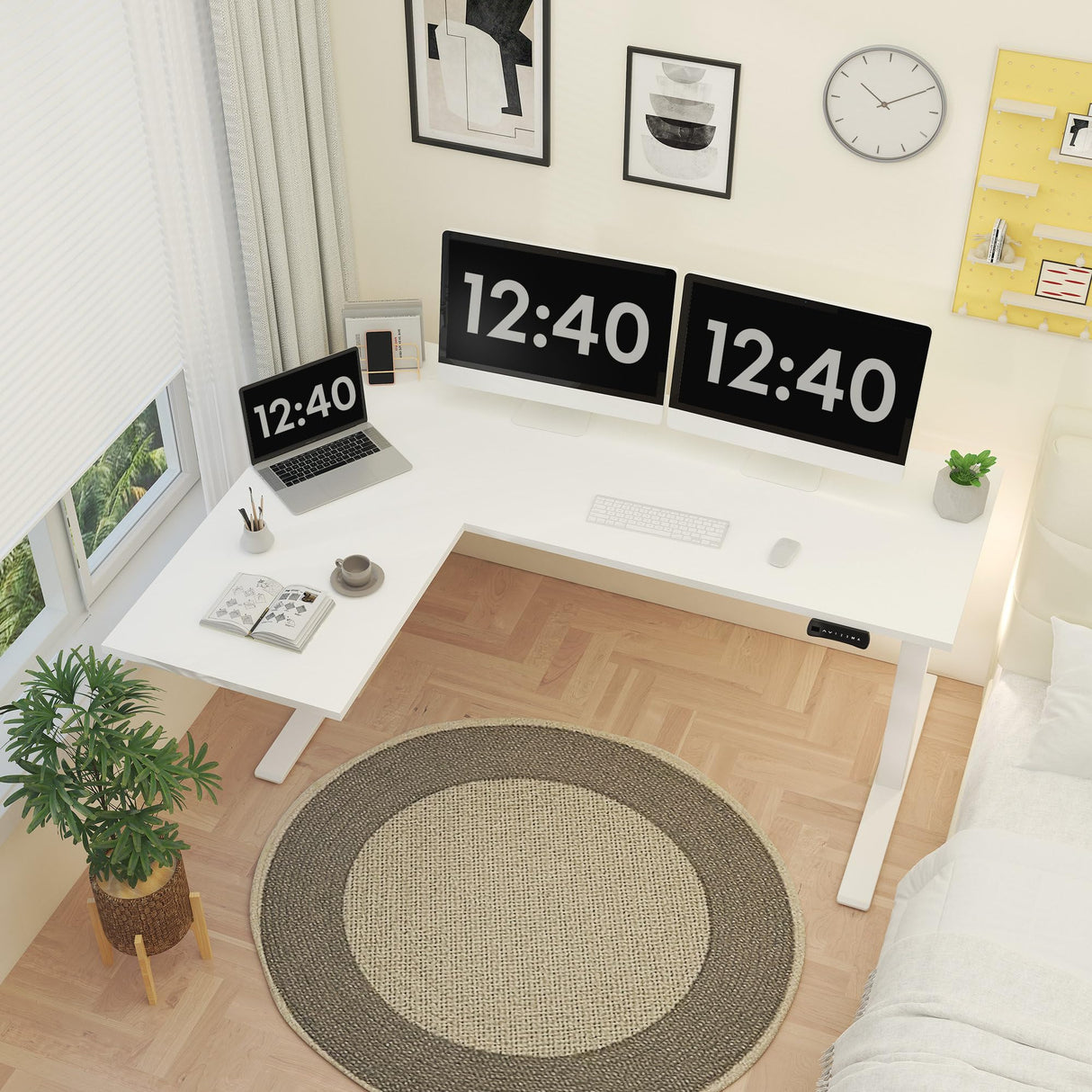 SANODESK 71-Inch Large Dual Motor L-Shaped Electric Height Adjustable Standing Desk - Reversible Panel - White Top/White Frame - Ideal for Gaming, Home Office or Computer Workstation SANODESK