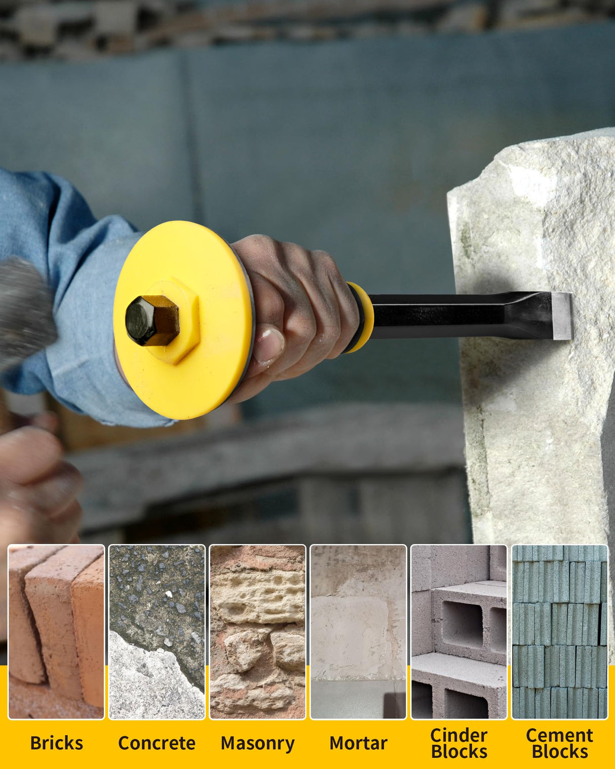 Rock Chisel Set, Firecore 3PCS Masonry Chisel with Hand Guard, Heavy Duty Point Flat Cold Chisel for Concrete Stone Brick Rock Tile Mortar Breaking Demolishing Carving Splitting Cutting Mason Tools Firecore