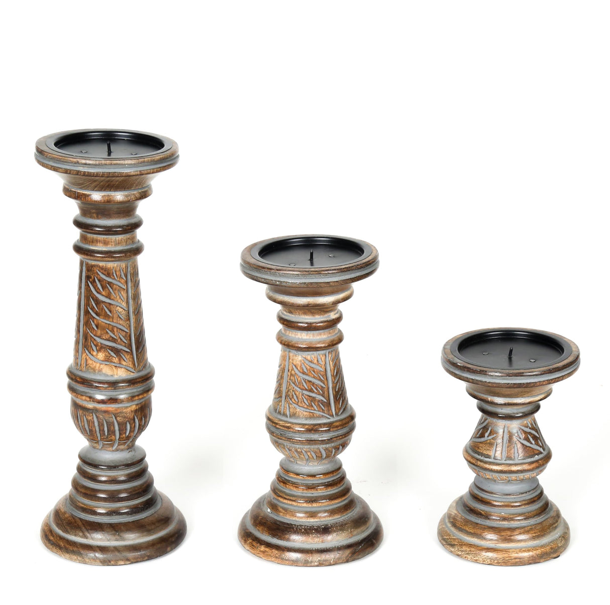 Candle Holders for Pillar Candles (Grey Wash, Set of 3) - Mangowood Candle Stand - Farmhouse Wooden Candle Holders Pillar Leaf Design - Candle Holder Decor for Table Centerpiece - 6”, 9”, 12” The Wooden Town