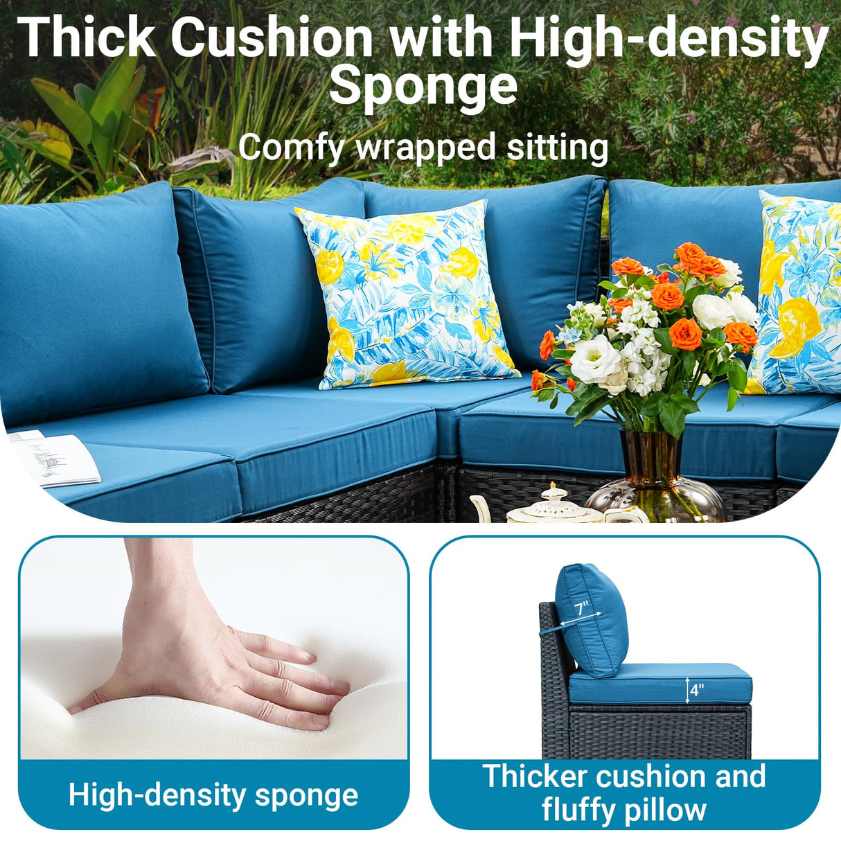 Jing's Villa 5-Piece Patio Furniture Set, All-Weather Outdoor Wicker Sectional Sofa with Cushions, Tempered Glass Table & Ottoman, Rattan Conversation Seating for Porch, Garden, Backyard,Peacock Blue Jing's Villa