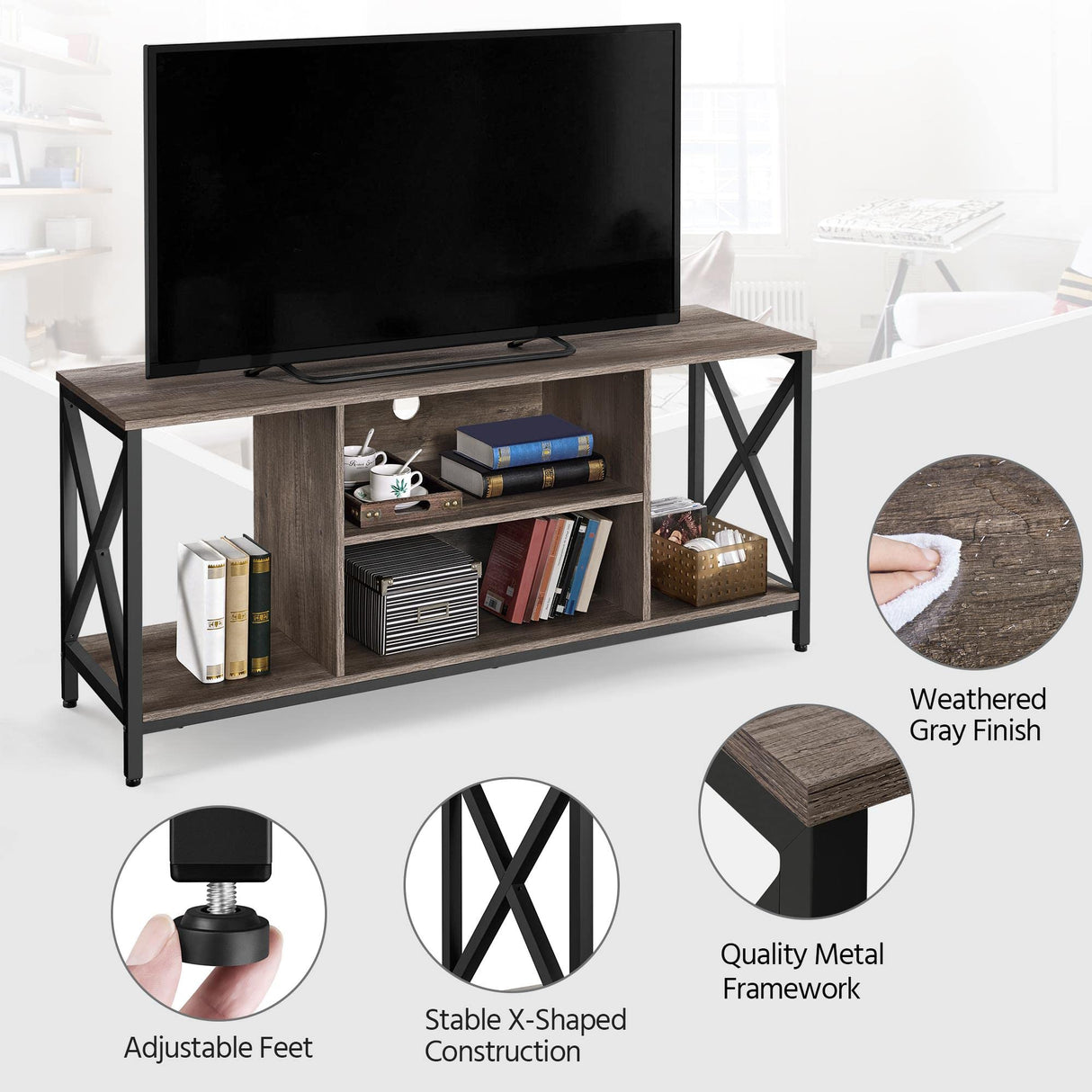 Yaheetech TV Stand for 65 Inch TV, 55'' Wide Entertainment Center TV Console with Open Storage Shelves for Living Room, TV Table for Home with Metal Support, Taupe Wood Yaheetech