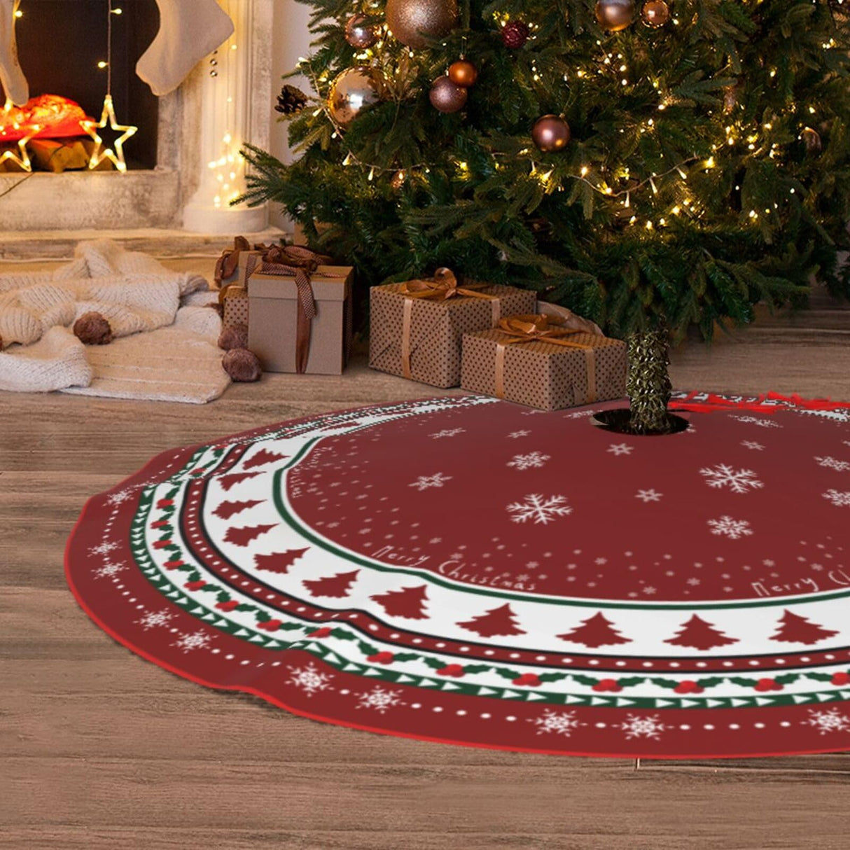 Christmas Tree Skirt 48 Inches, Red and Green Xmas Tree Mat with Winter Snowflake for Christmas Decorations Holiday Party Indoor Outdoor Home Decor (Red and Green) BULINGLY