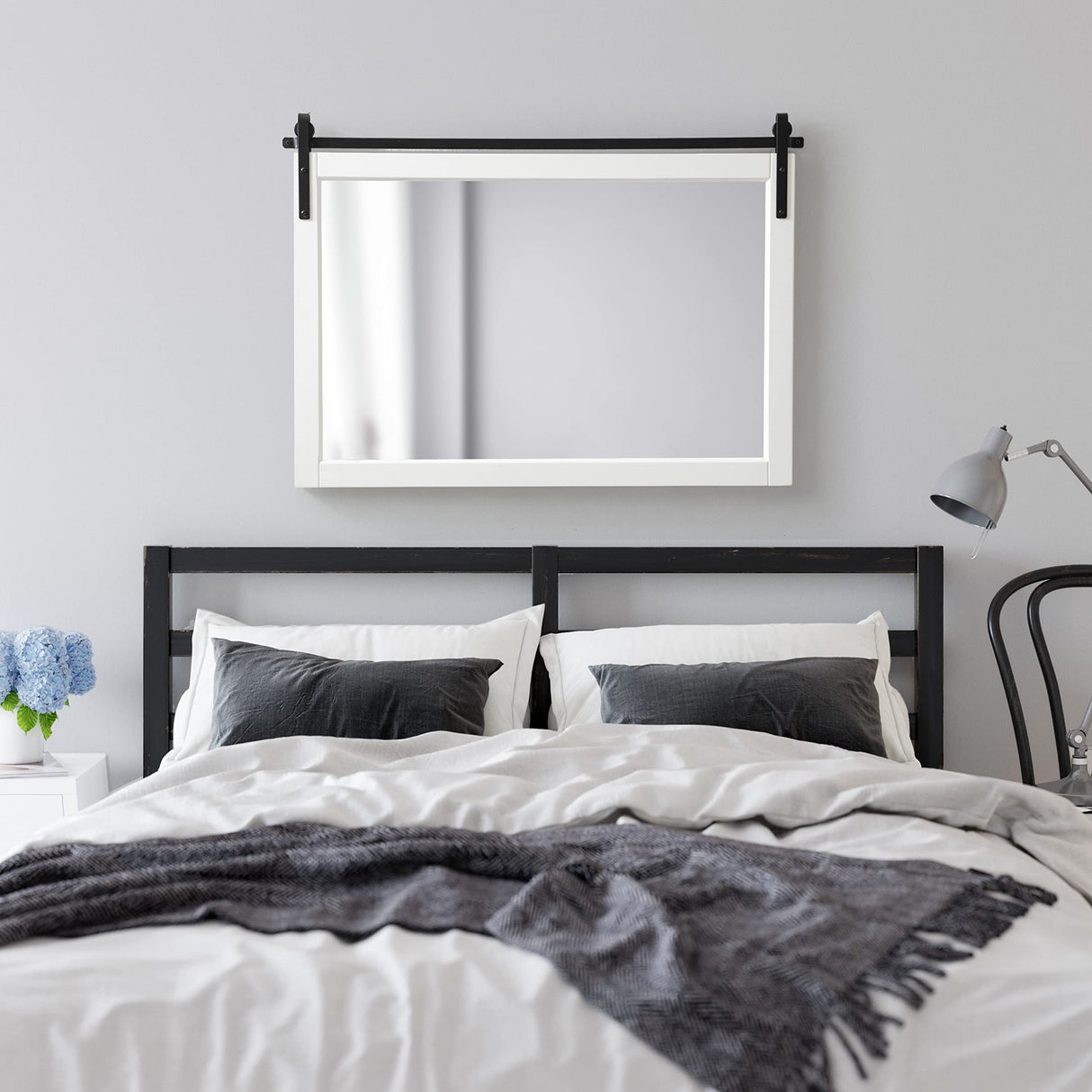 Kate and Laurel Skylan Modern Farmhouse Decorative Wood Framed Wall Mirror, 38 x 27, White and Black, Barn Door-Inspired Transitional Wall Hanging Mirror for Bathroom or Living Room Uses Kate and Laurel