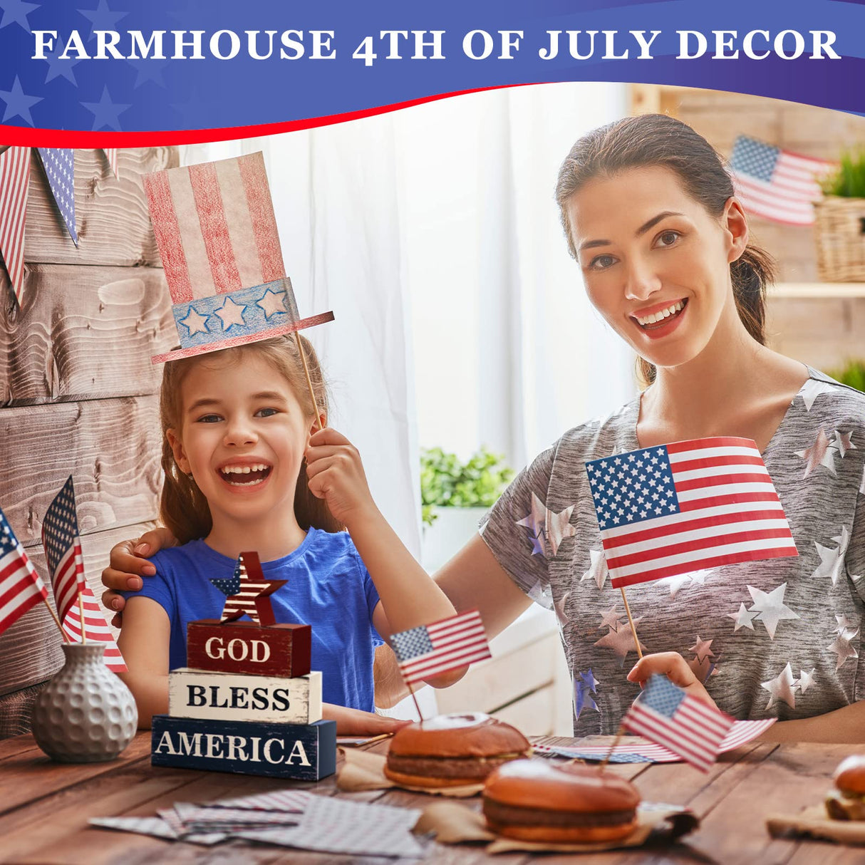 Huquary 4 Pcs Farmhouse 4th of July Patriotic Table Sign Independence Day Table Wood Decorations Patriotic Themed Rustic Farmhouse Wood Block Sign for Party Home Desk (Flag) Huquary