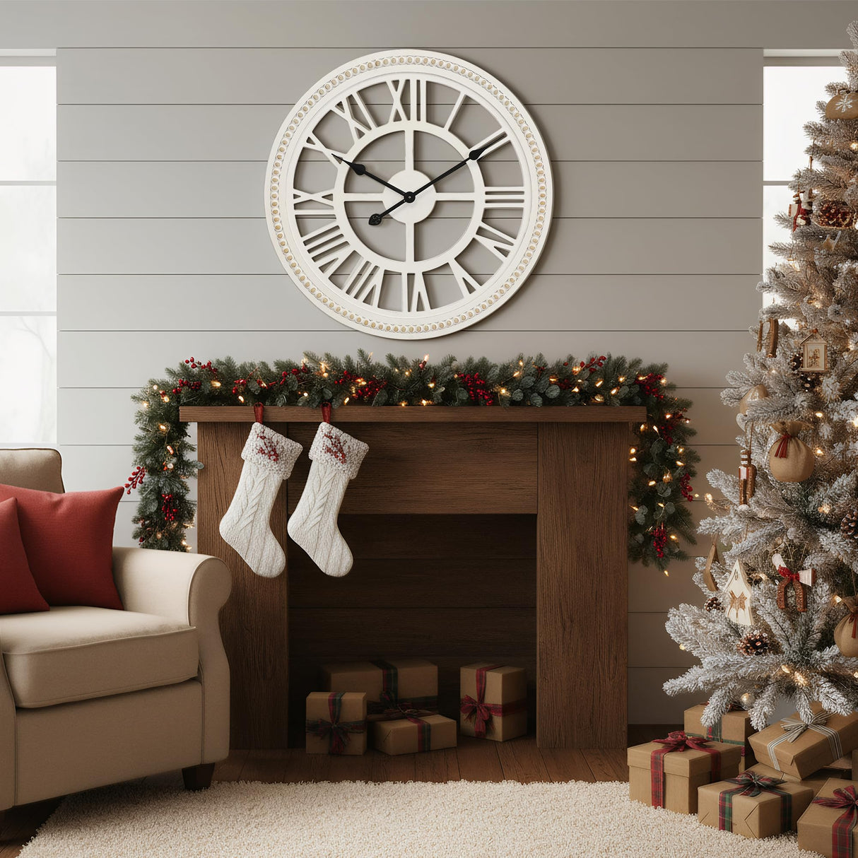 RiteSune 24 Inch Large Farmhouse Wall Clock, Rustic Wall Clock Decor, Wooden, Non-Ticking, Easy to Hang for Living Room, Bedroom, Kitchen RiteSune