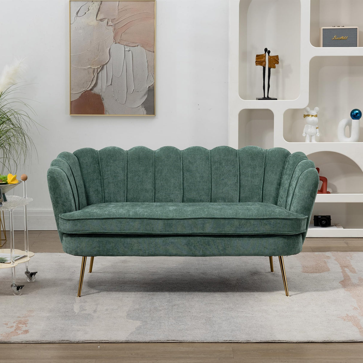 anwickjeff 59" Wide Modern Boucle Loveseat Small Sofa Small Mini Room Couch 2-Seater Sofa with Gold Metal Legs for Space Office Studio Apartment Bedroom (Green) anwickjeff