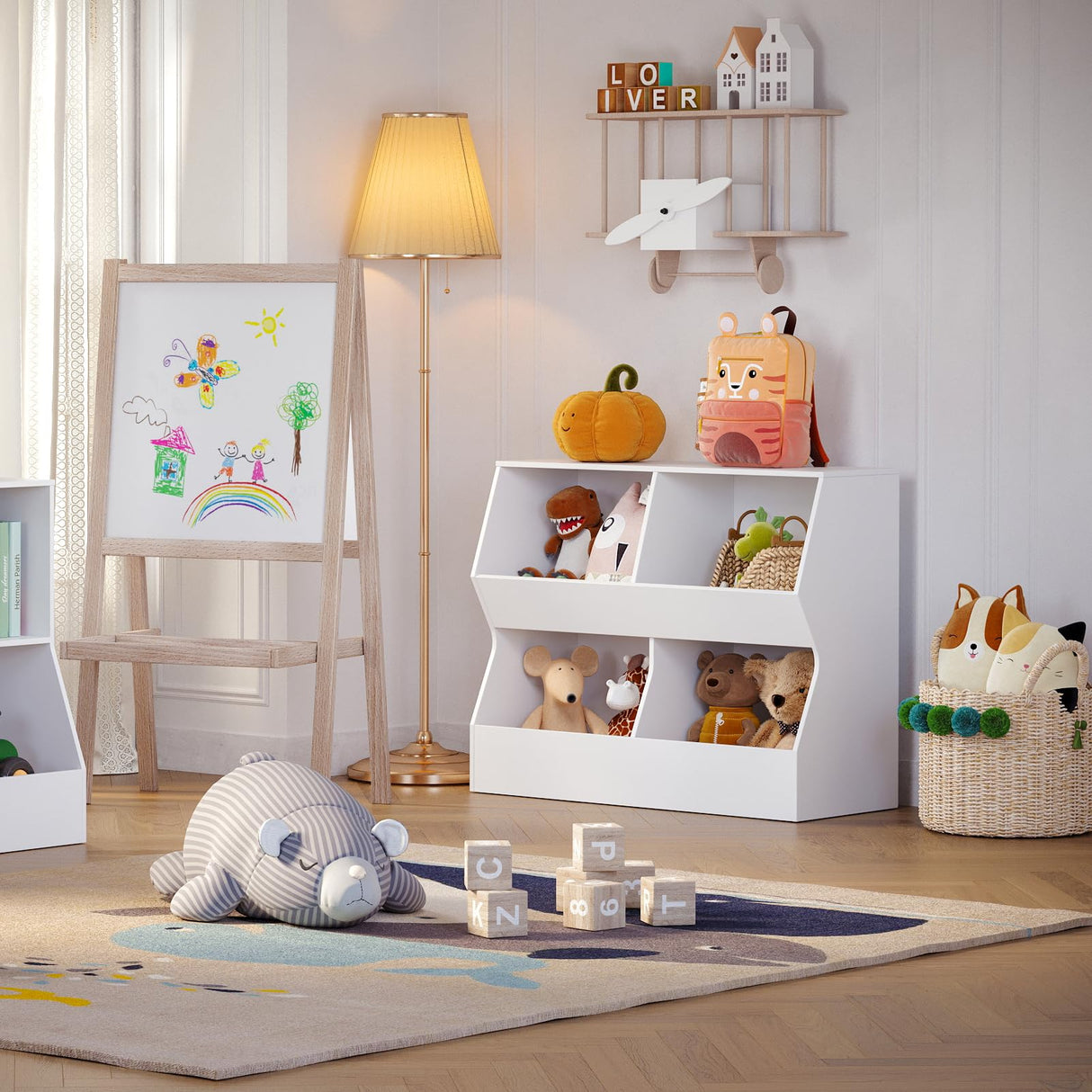 DINZI LVJ 4-Cubby Kids Bookshelf & Toy Storage Cabinet - White Wooden Organiser for Bedroom, Nursery & Playroom DINZI LVJ