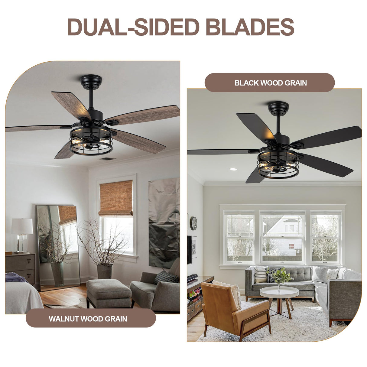 Curve Curio 52 Inch Farmhouse Ceiling Fan with Light and Remote Black Industrial Ceiling Fan Quiet and Reversible DC Motor Rustic Caged Chandelier Fan for Living Room Bedroom Patio Curve Curio