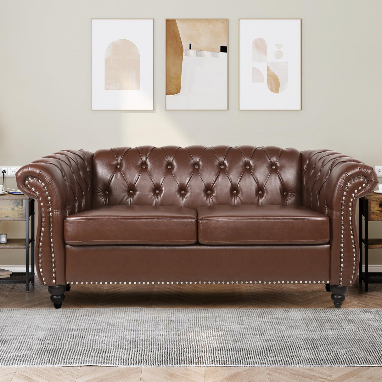 QHITTY Chesterfield Loveseat, Accent Sofa Modern Leather Couch Upholstered Sofa with Tufted Back for Living Room Furniture (Dark Brown) QHITTY