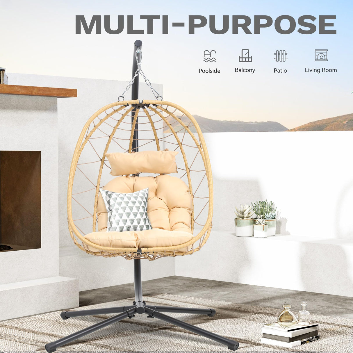 DWVO Egg Hanging Swing Chair with Stand Egg Chair Wicker Egg Chair with Cushions 330lbs for Patio, Bedroom, Garden and Balcony, Beige DWVO