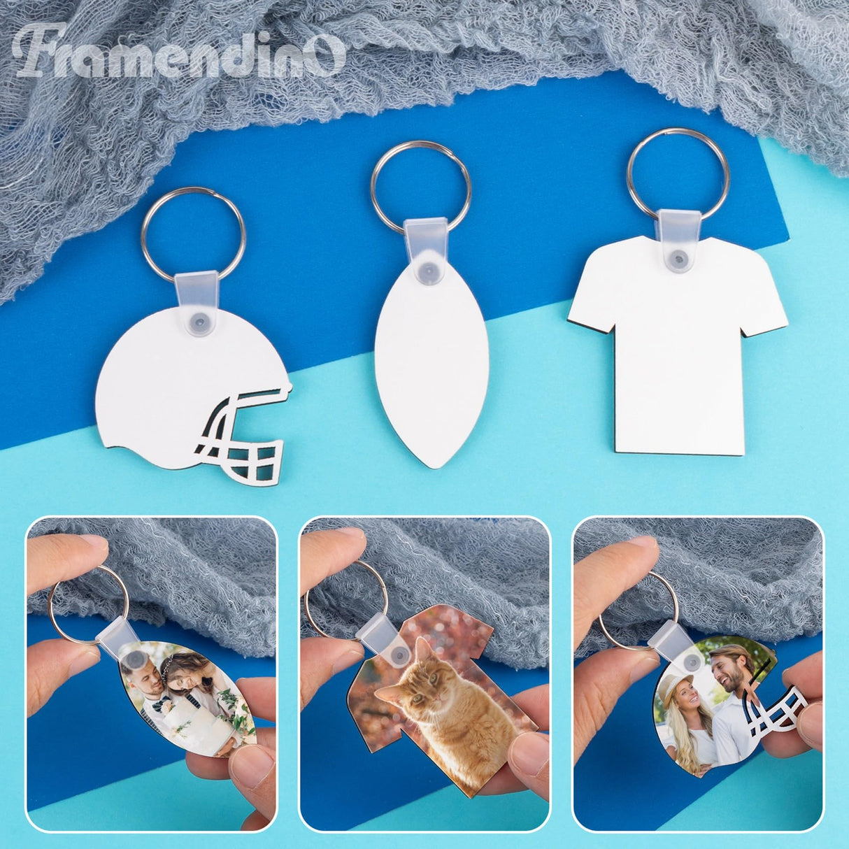 Framendino, 36 Pack 3 Styles Sublimation Keychain Blanks MDF Double Sided Heat Transfer Keychain Rugby Key Chains Bulk for DIY Craft Framendino