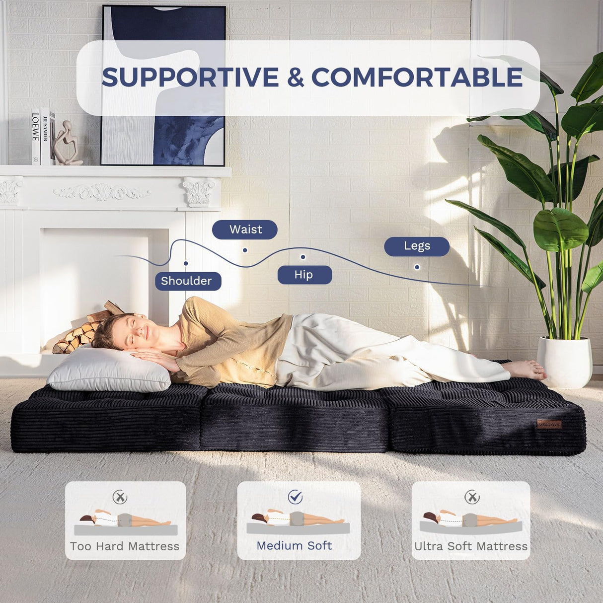 MAXYOYO Tri-Fold Mattress, 6 Inch Tufted Folding Futon Foam Bed, Foldable Floor Mattress Guest Bed Futon Topper Portable Camping Sleeping with Corded Fabric, Black, 59"x79" MAXYOYO