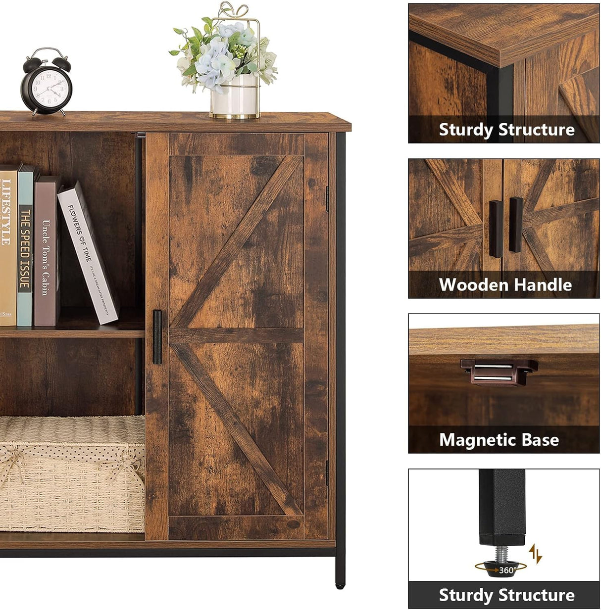 FIONESO Storage Cabinet, Farmhouse Cabinet with Barn Doors & Shelf, Entryway Cabinet, Small Cabinet for Living Room, Dining Room, Entryway, Rustic Brown FIONESO