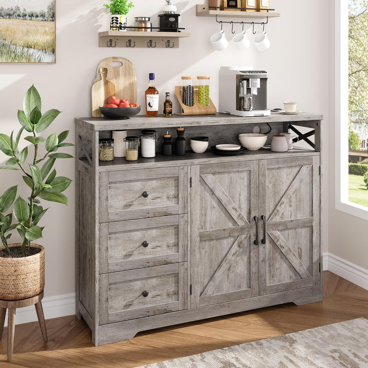 Vabches 47''W Farmhouse Buffet Sideboard with Charging Station and 3 Drawers, Coffee Bar Cabinet Buffet Cabinet with Shelf, Rustic Accent Cabinet with Storage for Kitchen, Dining Room, Washed Gray Vabches