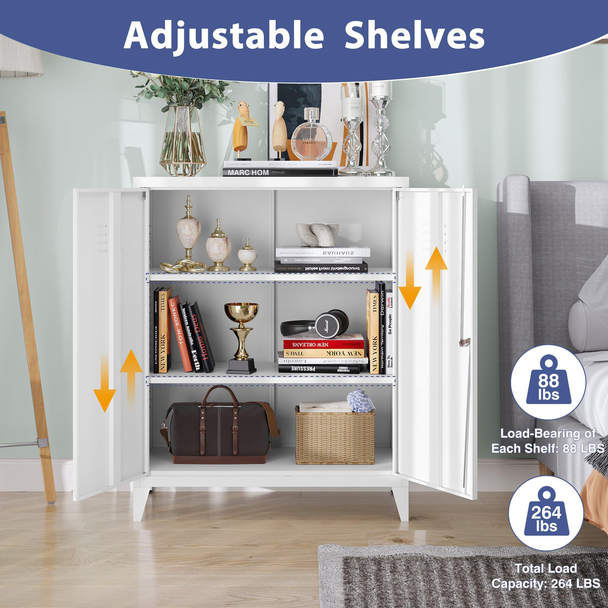 LISSIMO Metal Storage Cabinet, Home Office Cabinet with Doors and Adjustable Shelves,Locking Cabinet with Adjustabl Leg Levelers Assembly Required (White) LISSIMO