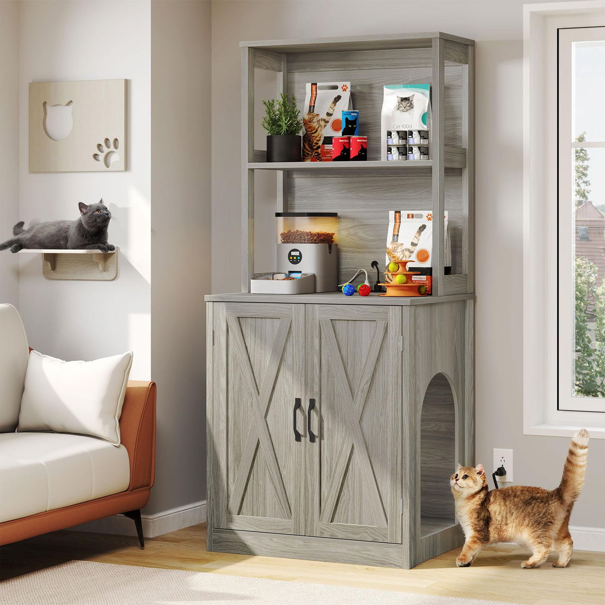 DWVO Large Hidden Litter Box Furniture with Shelves and Charging Station, Wooden Enclosure for Self-Cleaning Litter Boxes, Grey DWVO