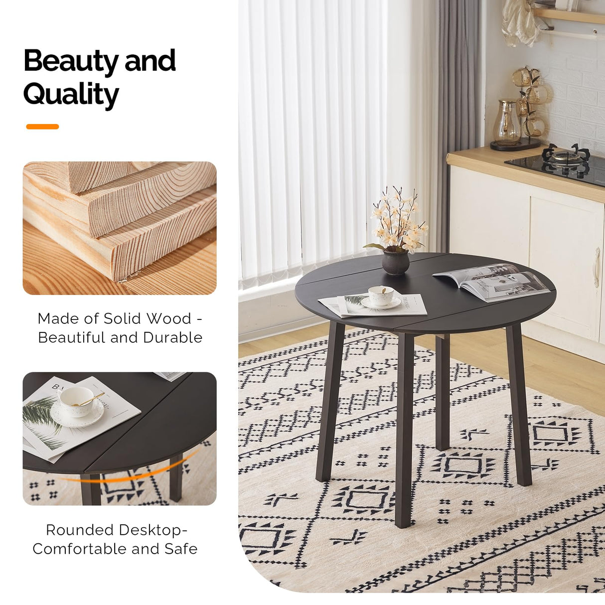 VINGLI 35" Solid Wood Kitchen Table, Drop Leaf Dining Room Desk for Small Spaces, Small Kitchen, Expandable Folding Round Table for Home, Apartment,Office, Brown VINGLI