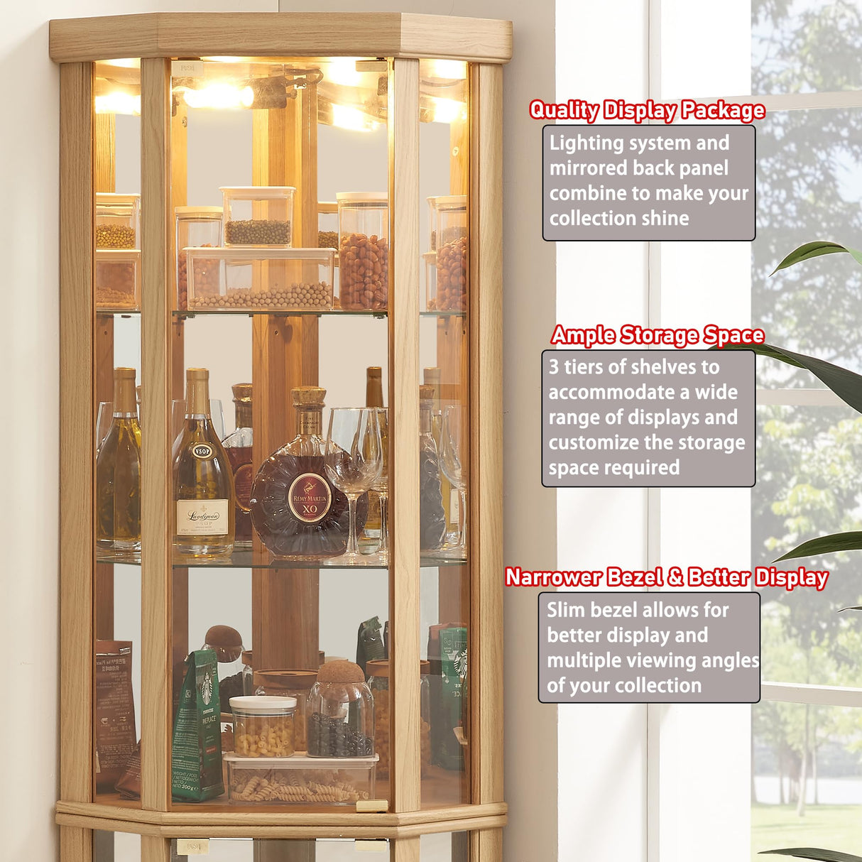 TRJQBCC 69" H Lighted Corner Display Cabinet, Curio Corner Glass Cabinet w/Adjustable Shelves & Glass Door, 5-Tier Wooden Storage Display Case w/Mirrored Back Pane for Living Room(Light Oak) TRJQBCC