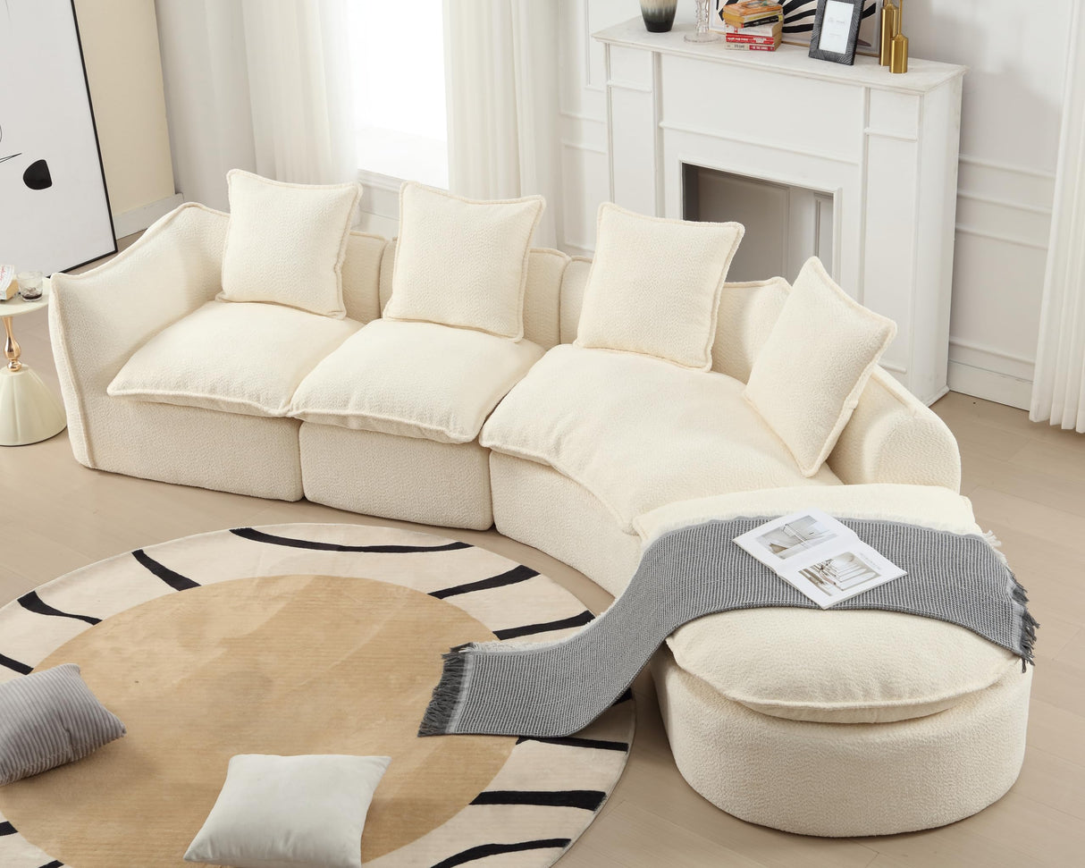 137.8” Curved Boucle Sofa Couch, Modern Sectional Sofa Cloud Deep Seat Couch with 4 Pillows, Comfy Modular 5-Seat Couches for Living Room Apartment (Beige) Haplized