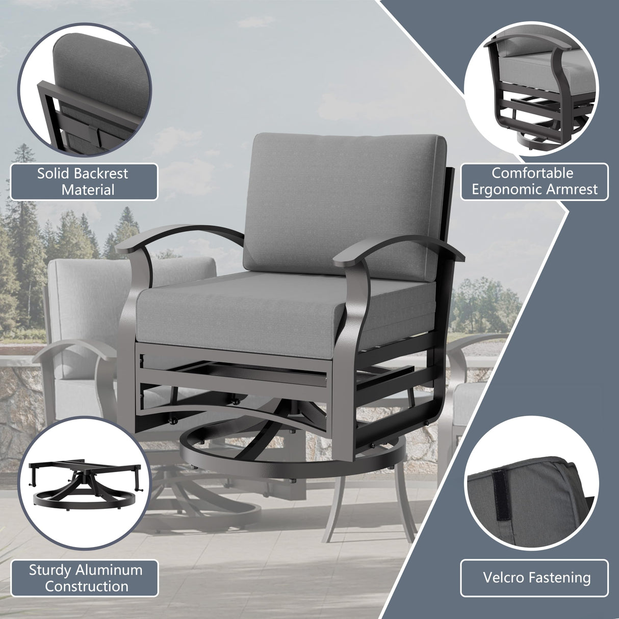 RTDTD 3 Piece Aluminum Swivel Rocking Chair Set, Outdoor Patio Swivel Gliders Chair with Glass Top Coffee Table, Conversation Furniture Set Suitable for Patio, Lawn, Outdoor, Back Garden(Gray) RTDTD