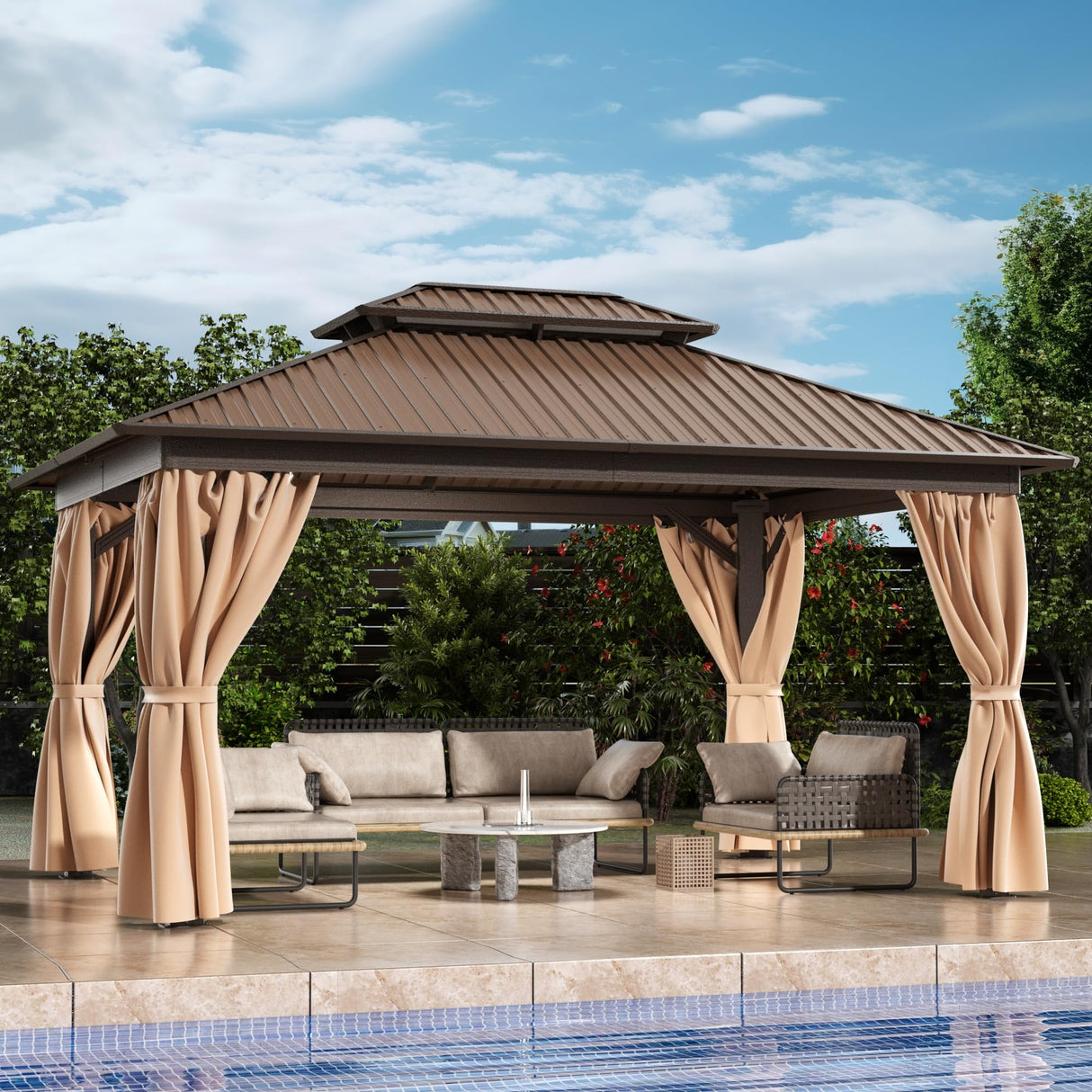 WKM 10x14 FT Hardtop Gazebo with Heavy Duty Galvanized Steel Double Roof, Aluminum Frame Permanent Pavilion with Curtains and Netting, Outside Canopy Gazebo for Patio, Deck and Backyard,Brown WKM