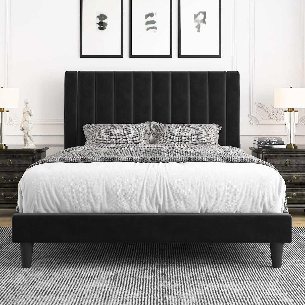 Allewie Queen Platform Bed Frame/Velvet Upholstered Bed Frame with Vertical Channel Tufted Headboard/Strong Wooden Slats/Mattress Foundation/Box Spring Optional/Easy Assembly/Black Allewie