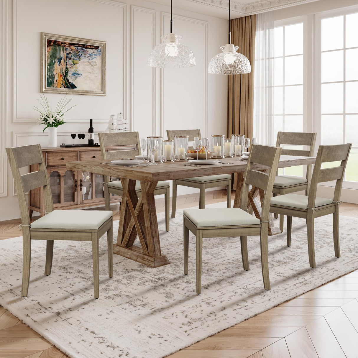COLAMY Farmhouse Dining Chairs Set of 6, Upholstered Kitchen Chairs with Ladder Back, Modern Wood Side Dining Room Chairs with Wooden Legs for Dinner Rustic Restaurant, Light Brown COLAMY