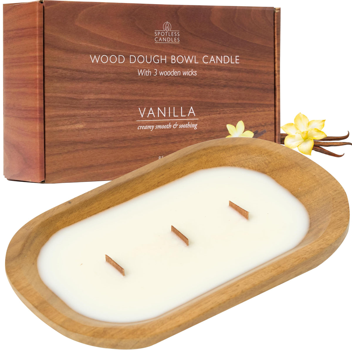 Spotless Leopard Pure Vanilla Bowl Candle -Vanilla Wooden Dough Bowl Candle Three Wooden Wicks - 240g (8.5 oz) in Gift Box and Protective Shipping Box Gift for Her Spotless Leopard