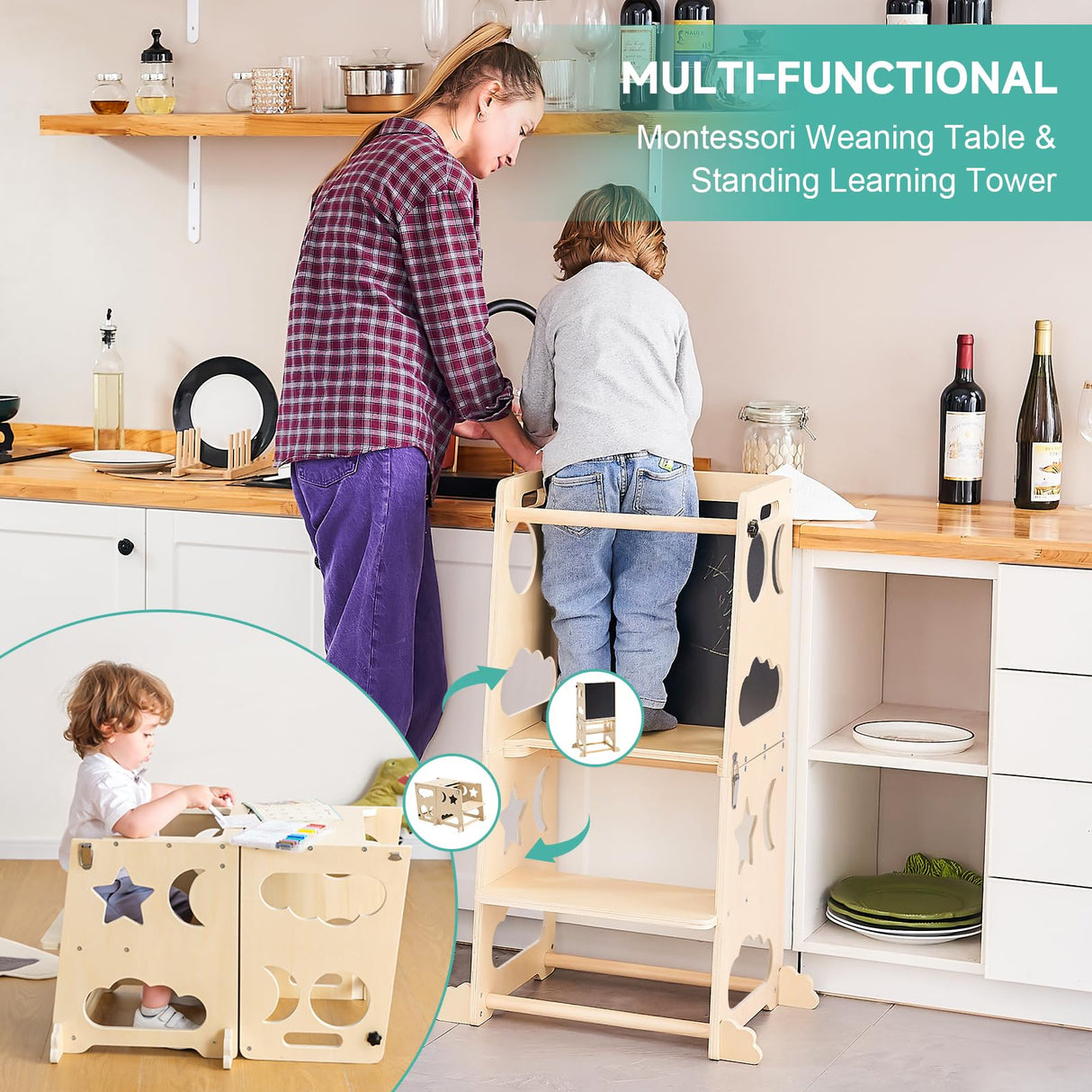 Toddler Kitchen Stool Helper, 4 in 1 Toddler Standing Tower Collapsible Kids Step Stool, Child Standing Tower for Toddlers 1-3 with Safety Rails Yojoker