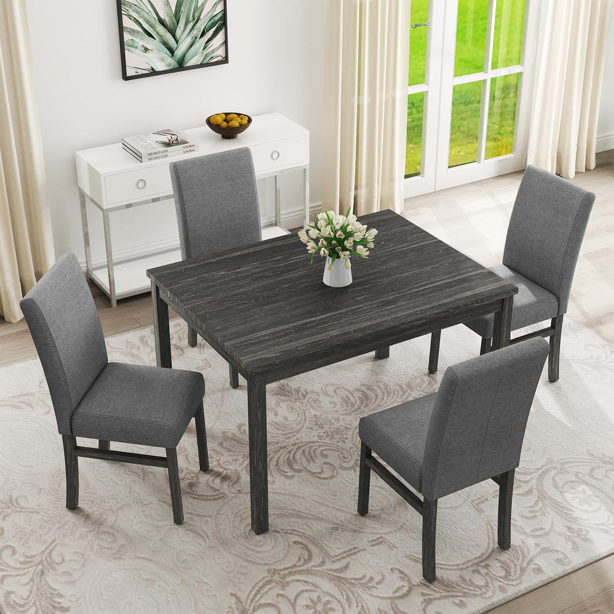 YWUFUART 48" Wooden Counter Height Rectangular Dining Table Set with 4 Chairs, 5-Piece Kitchen Table Set for Dining Room, Living Room, Kitchen, Black YWUFUART