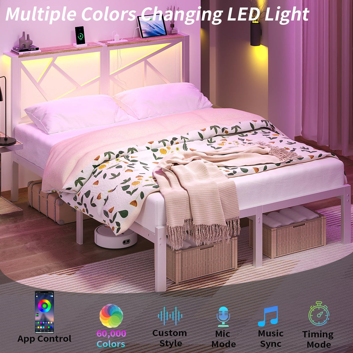 ChicZhiNest Queen White Metal Bed Frame with USB Charging Station, LED Ambient Lighting, and Wooden Storage Headboard - Includes Under-Bed Storage, No Box Spring Needed, Noise Free, Easy to Assemble ChicZhiNest