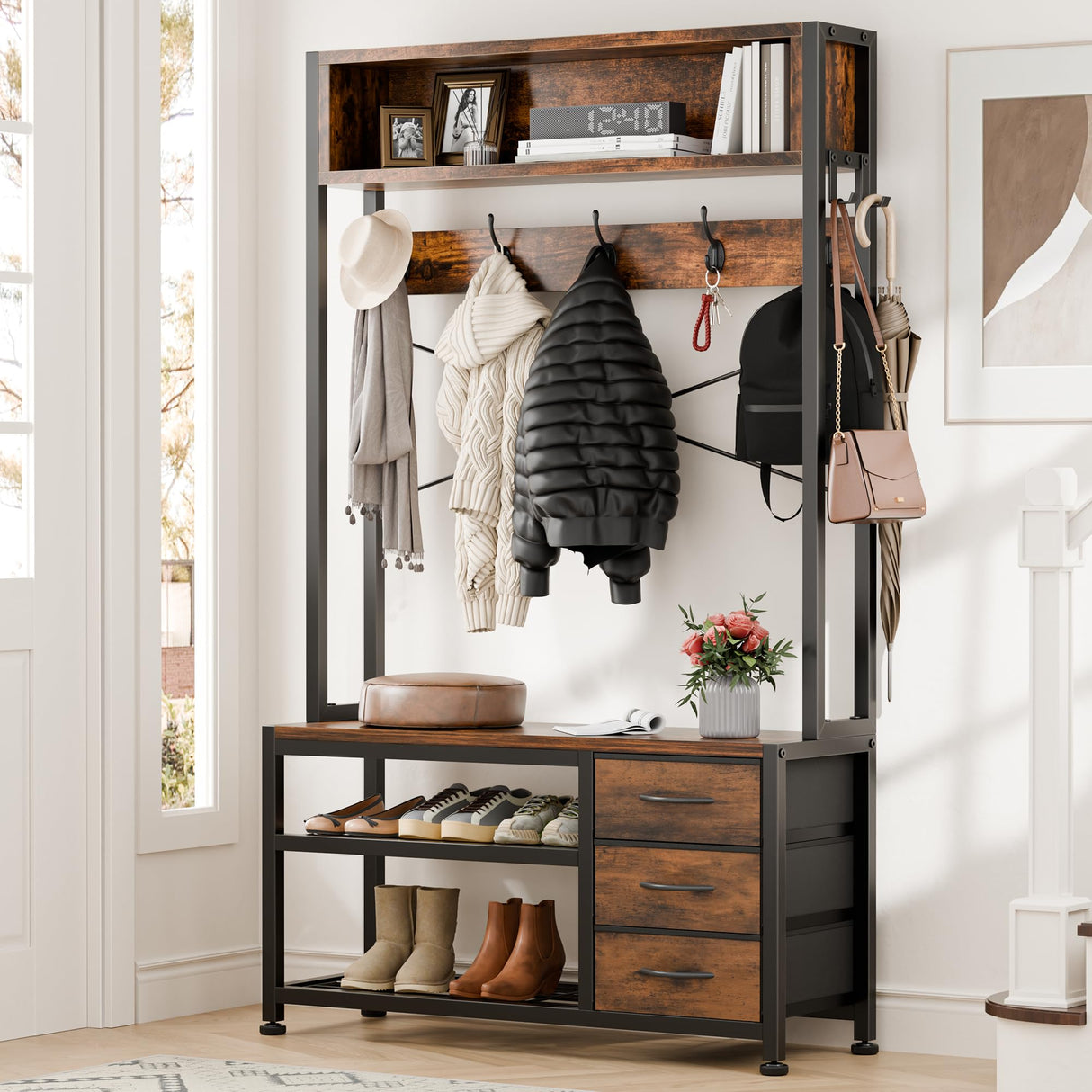 Lulive Hall Tree with Bench and Shoe Storage, 31.5" Coat Rack Freestanding with 2-Tier Storage Shelf, 6-in-1 Entryway Bench Coat Rack with 12 Hooks and 3 Drawers(Rustic Brown) Lulive