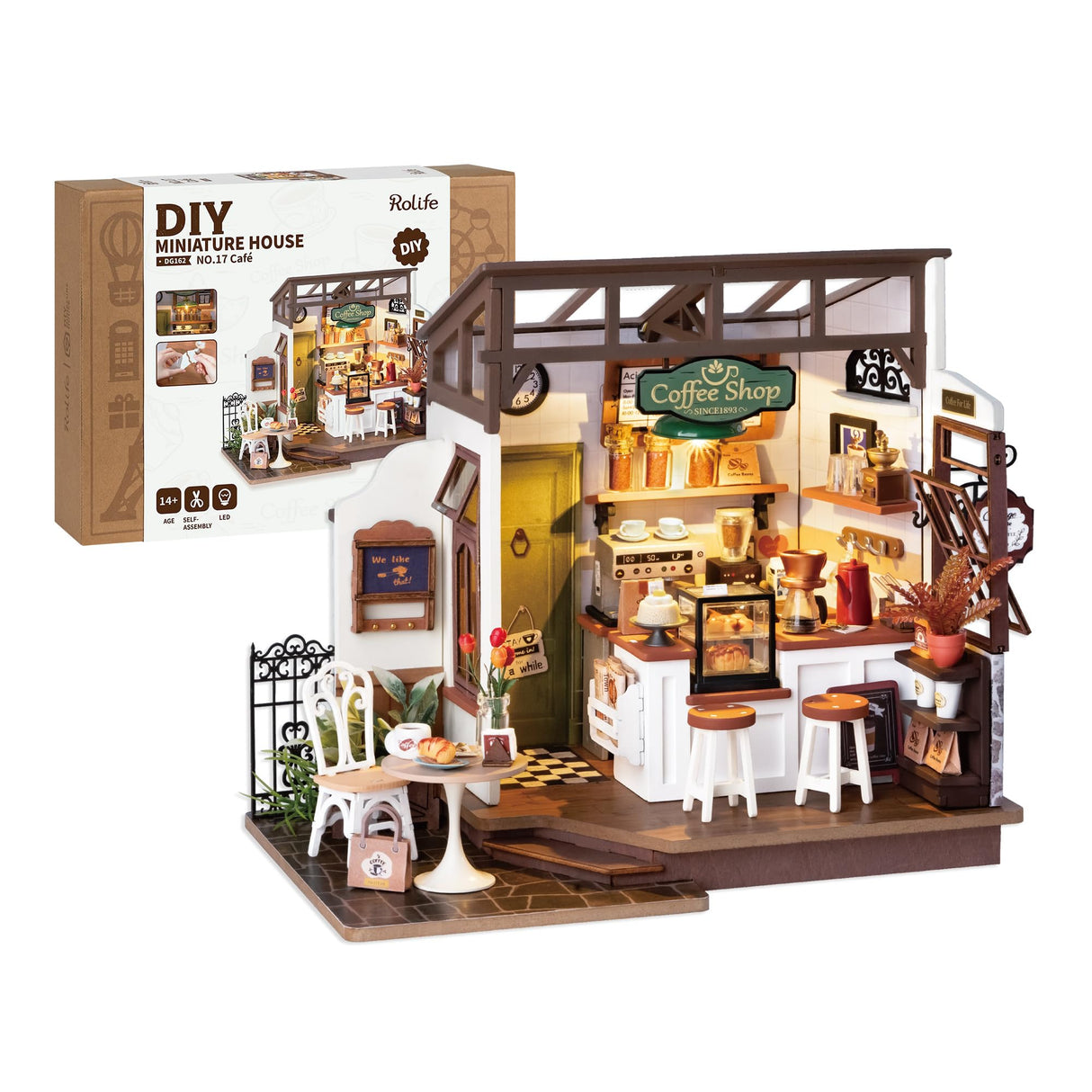 Rolife Coffee Shop Miniature Dollhouse Kit with LED Lights - DIY Crafts for Adults, Birthday Gifts and Hobbies Rolife