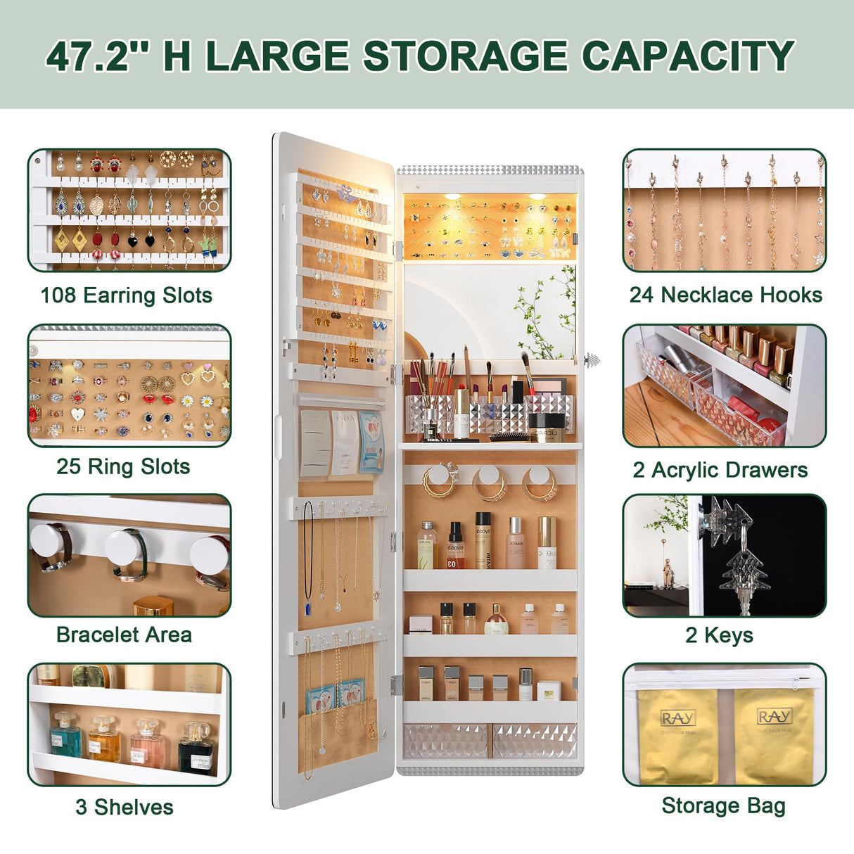 HNEBC LED Mirror Jewelry Cabinet,47.2" Wall Mounted Jewelry Organizer with Full-Length Mirror,Over The Door Hanging Jewelry Armoire Storage Cabinet,Folding Dresser,2 Drawers,Lockable, 3 Shelves(White) HNEBC