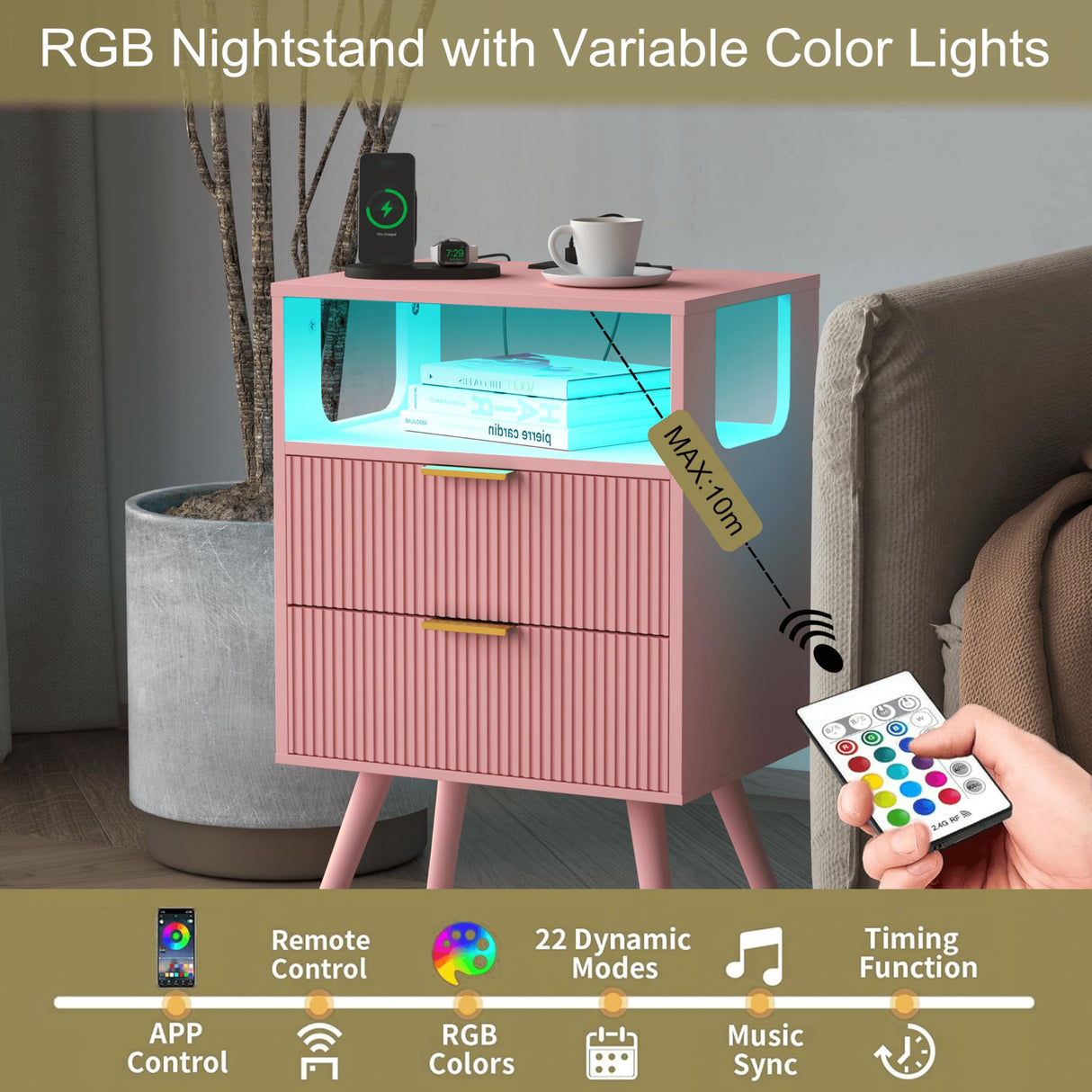 JOONEE Pink Nightstand with Charging Station and LED Lights,Modern Bedside Table with 2 Storage Drawer and Open Wood Shelf, for Bedroom and Small Spaces,Night Stand with Solid Wood Legs,Pink JOONEE