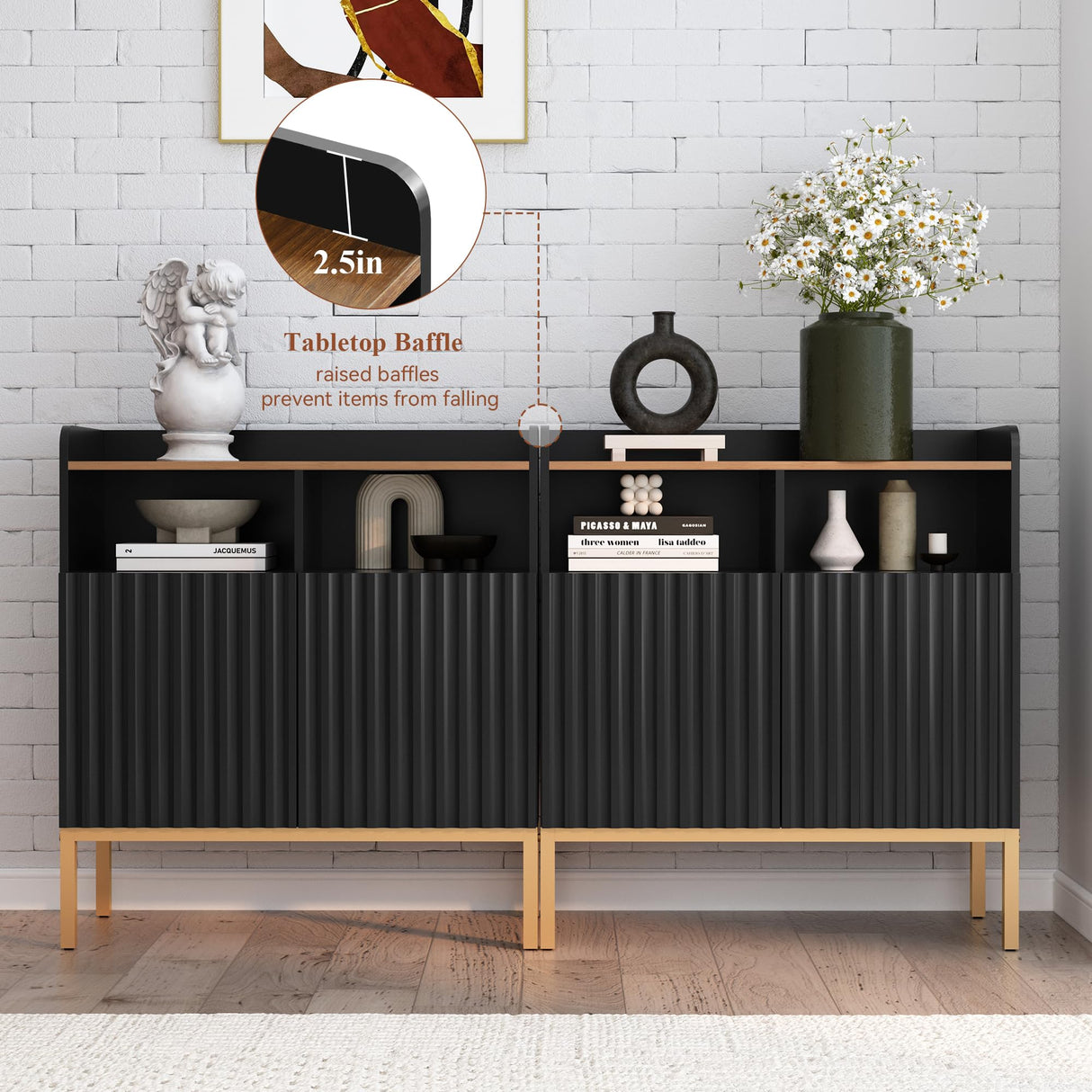 ARTPOWER Storage Cabinet with Fluted Doors and Shelves, Modern Rustic Industrial Sideboard Buffet Cabinet with Metal Legs, Accent Credenza Console for Kitchen Dining Room, Living Room, Entryway, Black ARTPOWER