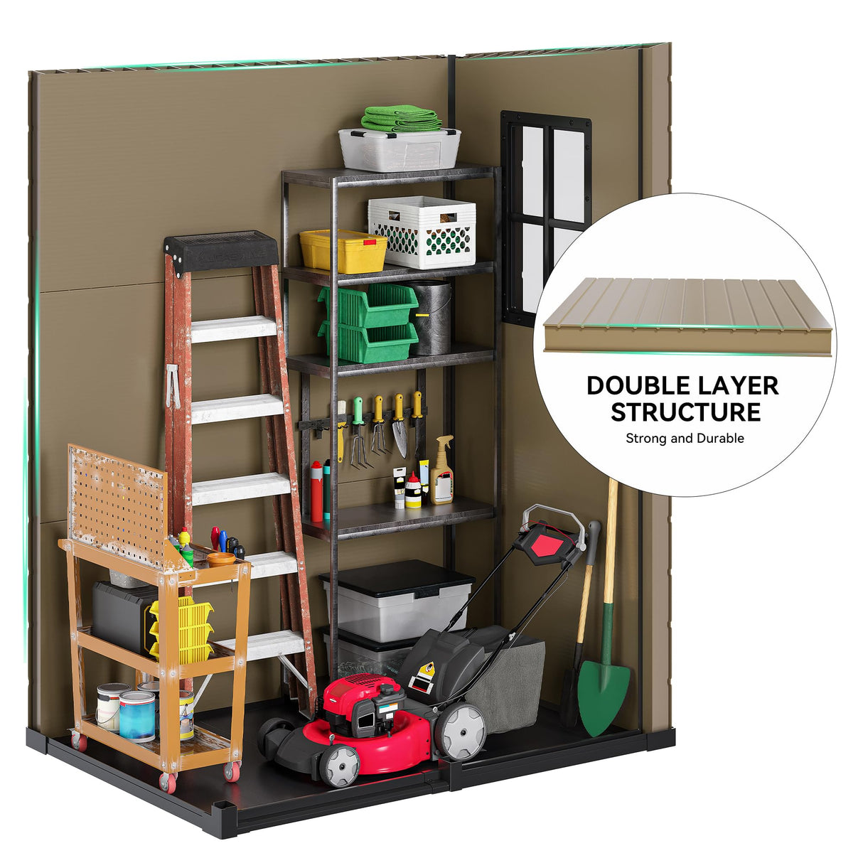 DWVO 5x3FT Outdoor Storage Shed, All-Weather Resin Plastic Storage Shed with Windows, Slanted Roof, Raised Floor, 65 cu.ft Capacity for Garden Tools & Equipment, Ideal for Backyard & Garden, Brown DWVO