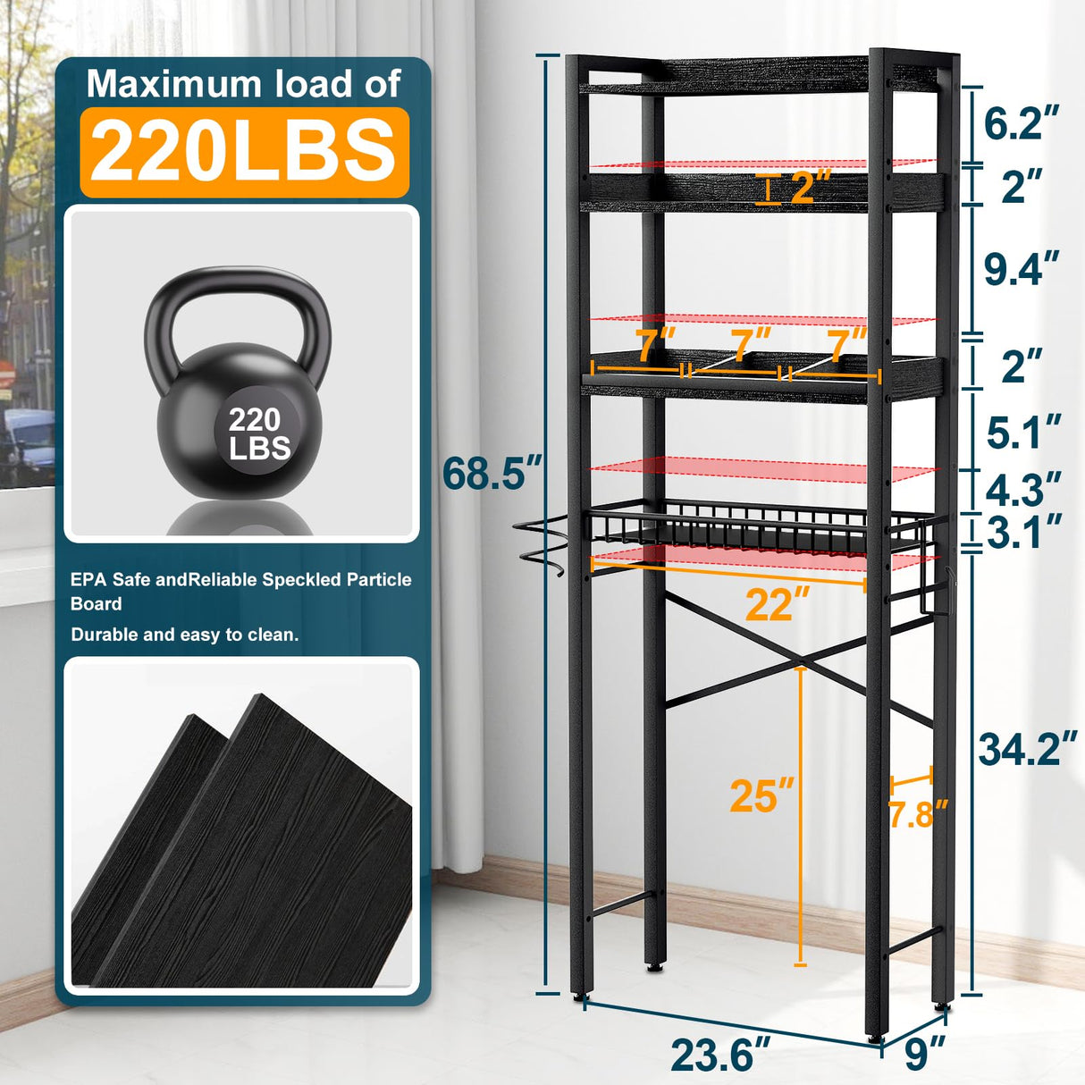 Over The Toilet Storage Cabinet,4 Tier Bathroom Organizer and Storage With Adjustable Shelf Waterproof Feet Pad and Basket Multifunctional Space Saver Freestanding Bathroom Shelves With Dividers Black Mlinavn