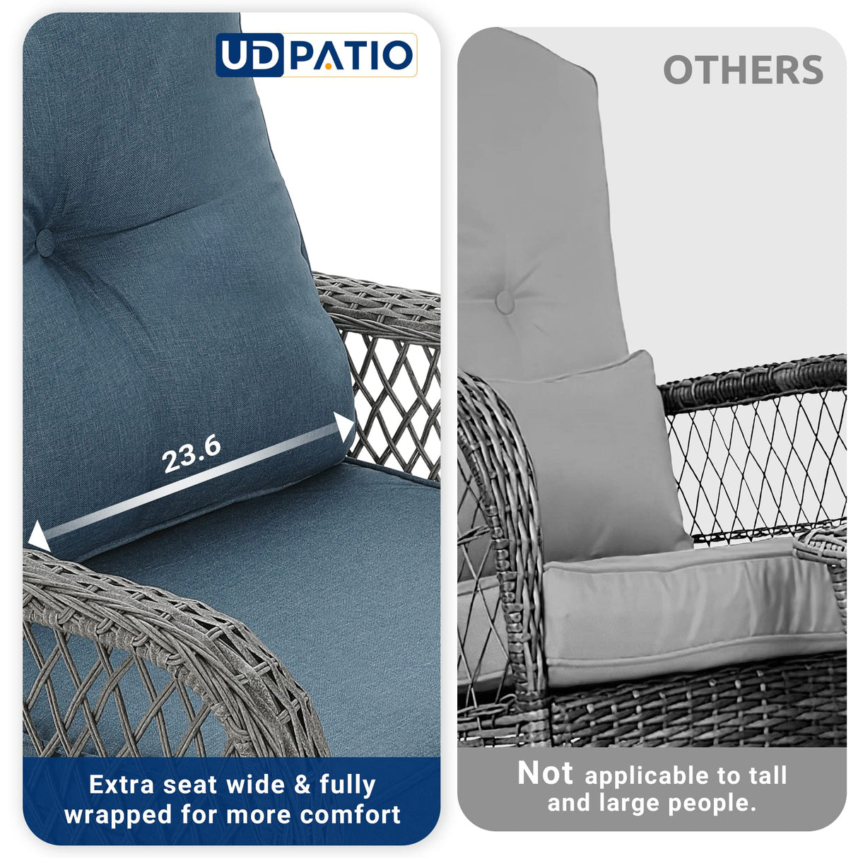 UDPATIO 3 Piece Patio Set Rocking, Rattan Outdoor Rocking Patio Bistro Set with 2 Rockers and 1 Side Table with 4‘’ Thick Cushions for Backyard, Porch, Balcony, Poolside(Blue) UDPATIO