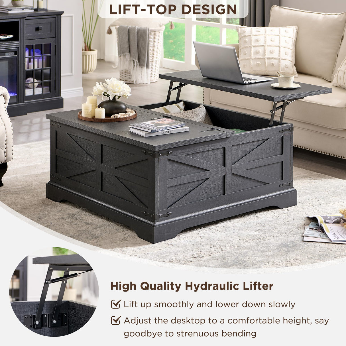 JXQTLINGMU Farmhouse Lift Top Coffee Table with Storage, 36" Wood Square Center Table with Large Hidden Compartment, Rustic Lift Tabletop Dining Table for Home Living Room, Black JXQTLINGMU