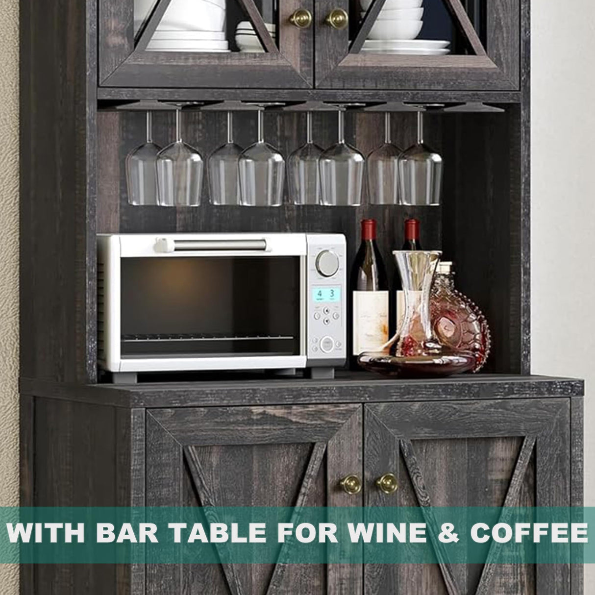 YITAHOME 67" Tall Wine Bar Cabinet for Liquor and Glasses, Farmhouse Freestanding Coffee Bar Cabinet with Glasses Racks & Storage Shelves W/Glass Doors for Living Dining Room, Hallway, Dark Rustic Oak YITAHOME