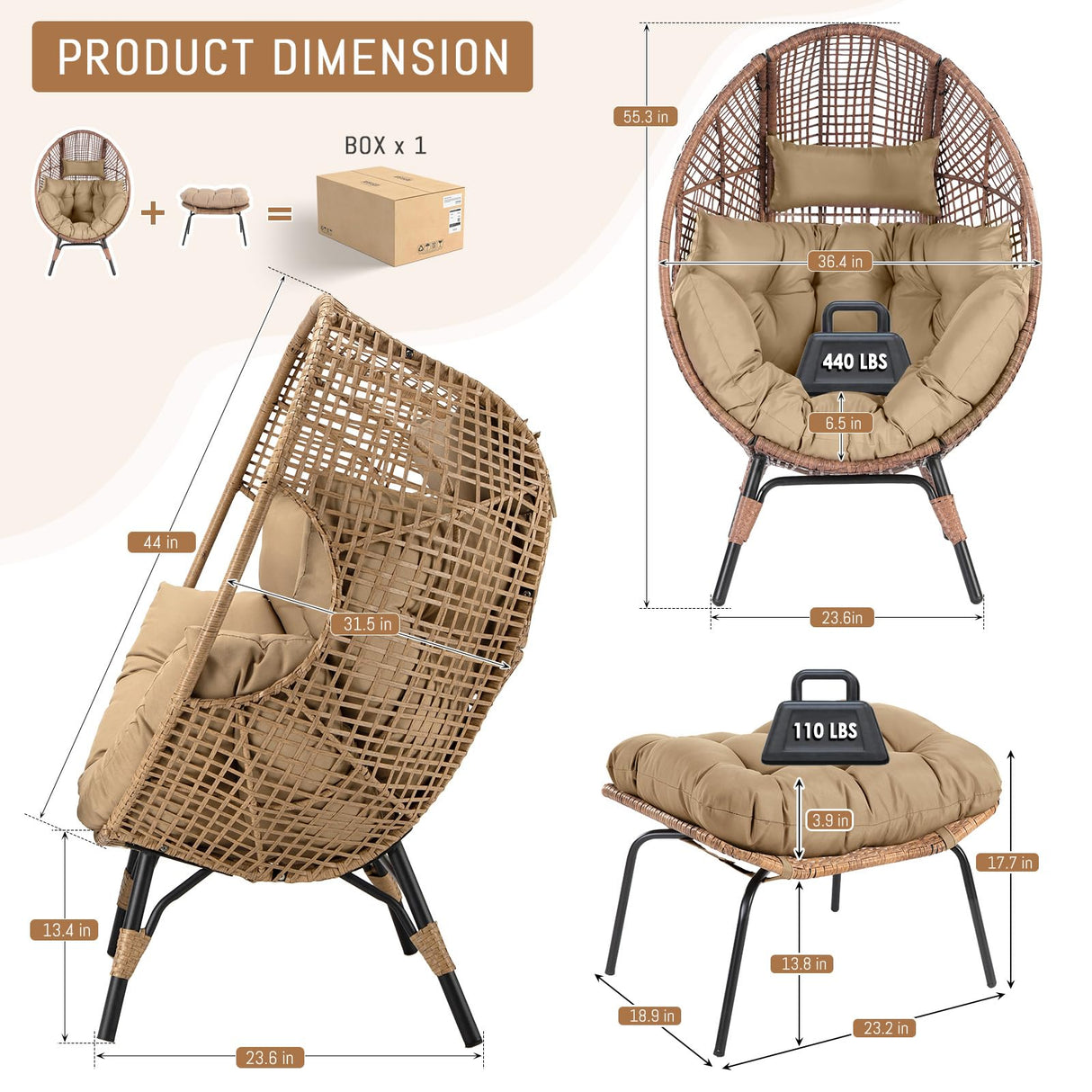 RADIATA Egg Chair with Footrest, Wicker Patio Lounger with Ottoman, Oversized Rattan Egg Shaped Chair with Leg for Indoor Outdoor Patio Balcony Garden (Nature) RADIATA