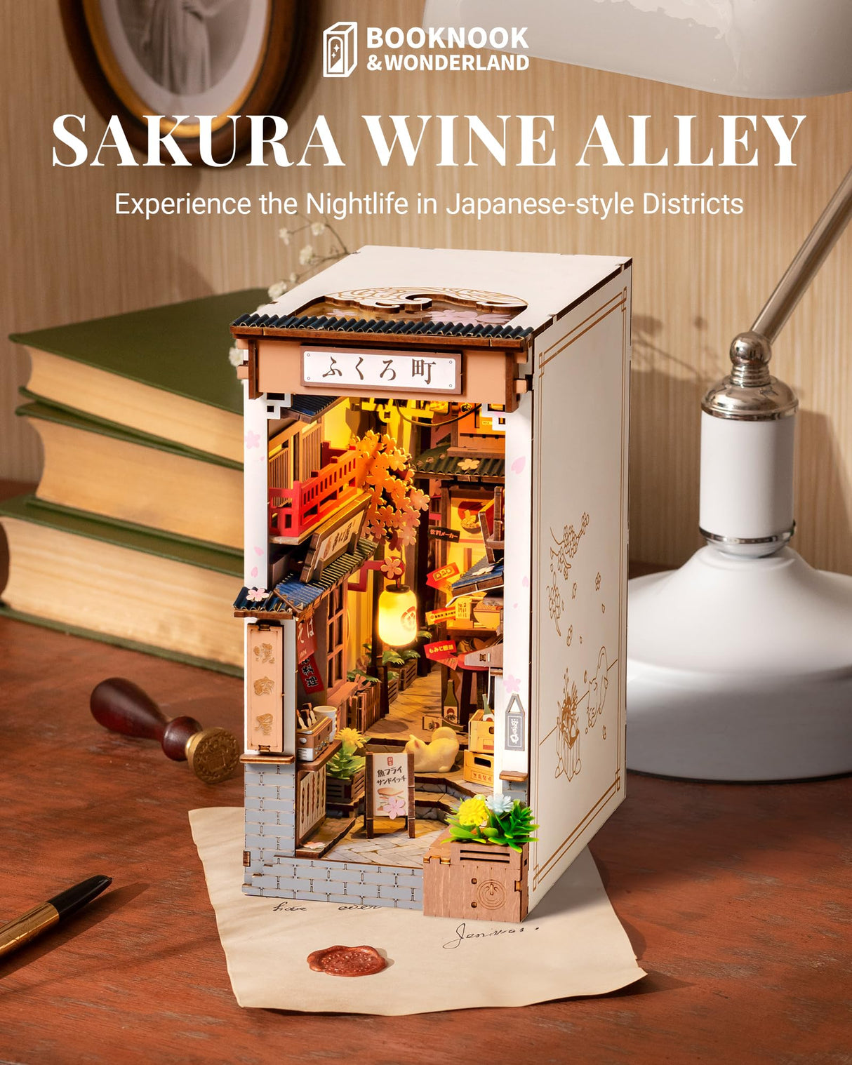 ROBOTIME Book Nook Kit DIY Miniature House Kit for Adults 3D Wooden Puzzle Bookends Bookshelf Diorama Insert Dollhouse Creative Decorative Unique Gifts for Teens and Beginners (Sakura Wine Alley) ROBOTIME