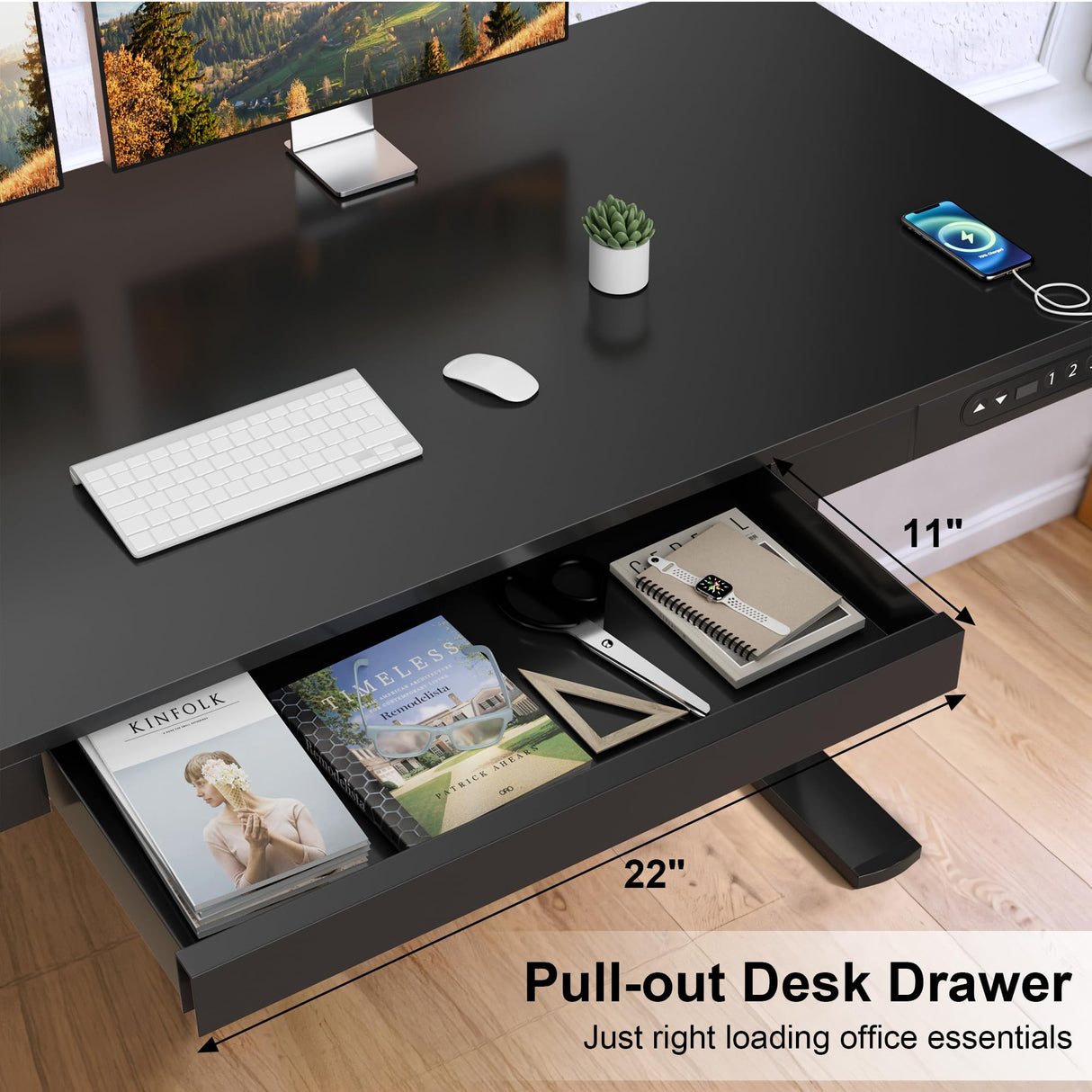 Furmax Electric Standing Desk with Drawer 55 x 24 Inch Adjustable Height Stand up Desk Home Office Computer Desk with USB Ports, Black Furmax