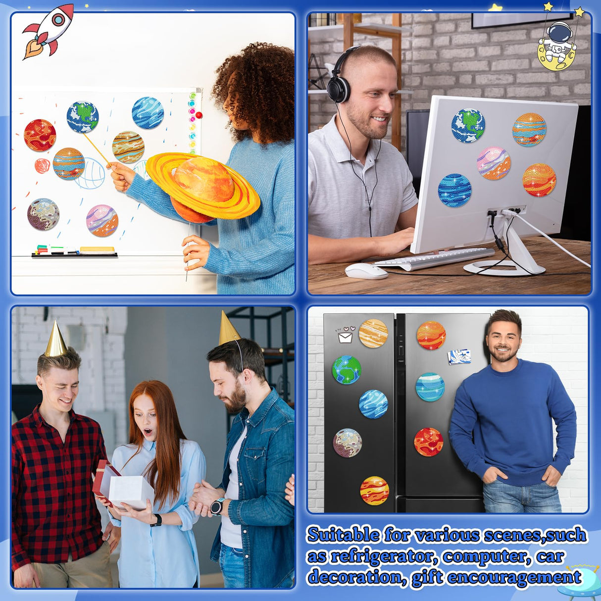 Saysurey 16 Pcs Diamond Art Magnet Kits Diamond Painting Refrigerator Magnets DIY for Adults Crafts Painting Stickers Kits for Gifts Home Decor (Planet) Saysurey