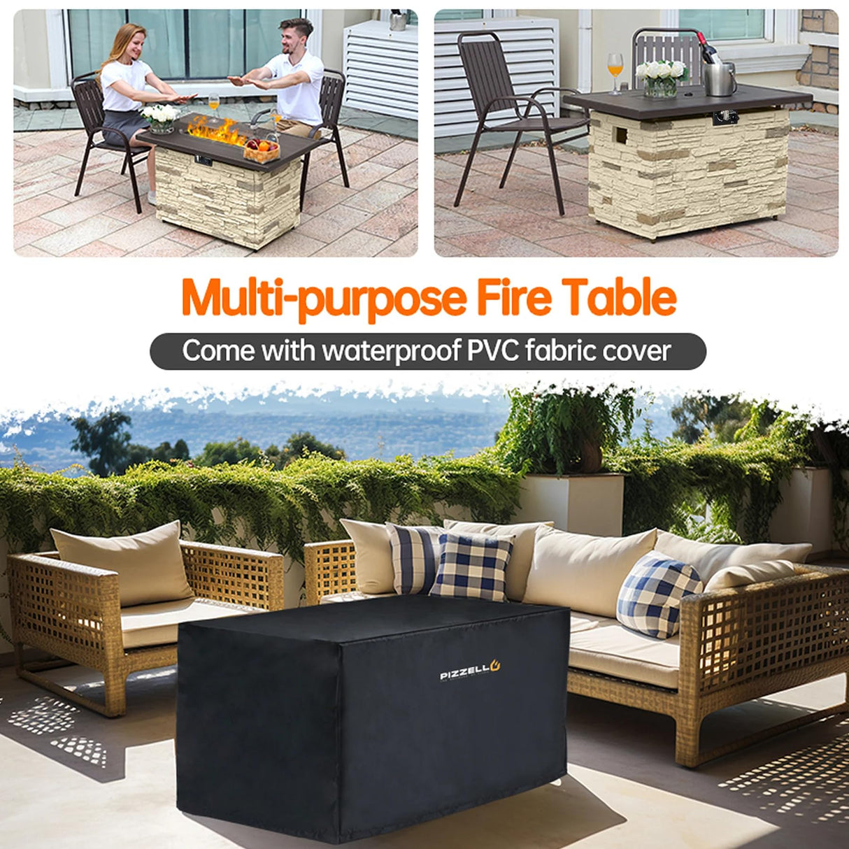 PIZZELLO Outdoor 43 Inch Outdoor Fire Pit Table, 50,000 BTU Rectangle Propane Fire Pit with Glass Wind Guard, Rain Cover, Removable Lid, Matching with Outdoor Furniture Sets, CSA Certified (Buff) PIZZELLO