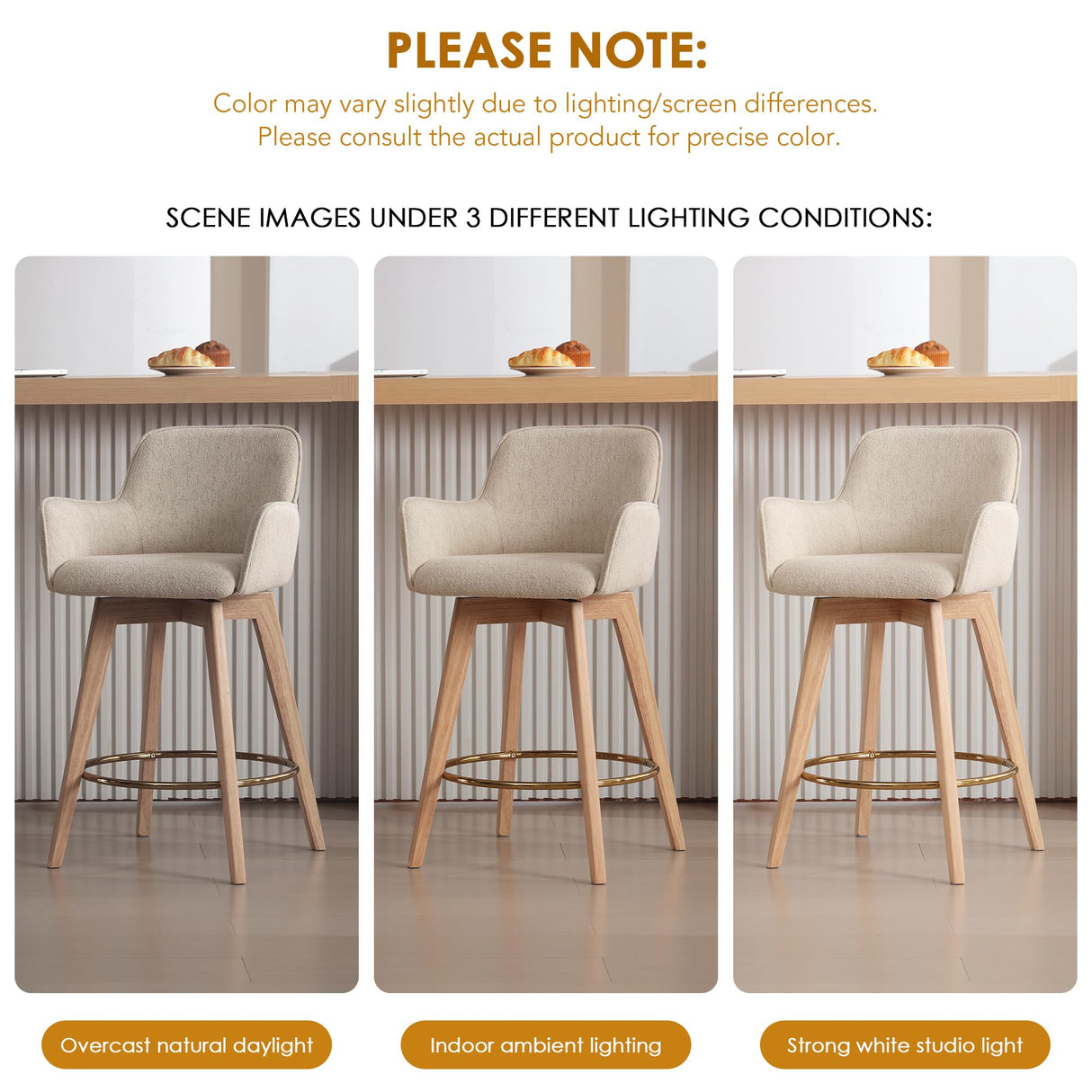 ONEVOG Modern 26" Counter Height Bar Stools Set of 4, Swivel Kitchen Island Tall Chairs with Back, Arm, Footrest and Solid Wood Legs, Linen Fabric Upholstered Farmhouse Barstools for Countertop, Beige ONEVOG