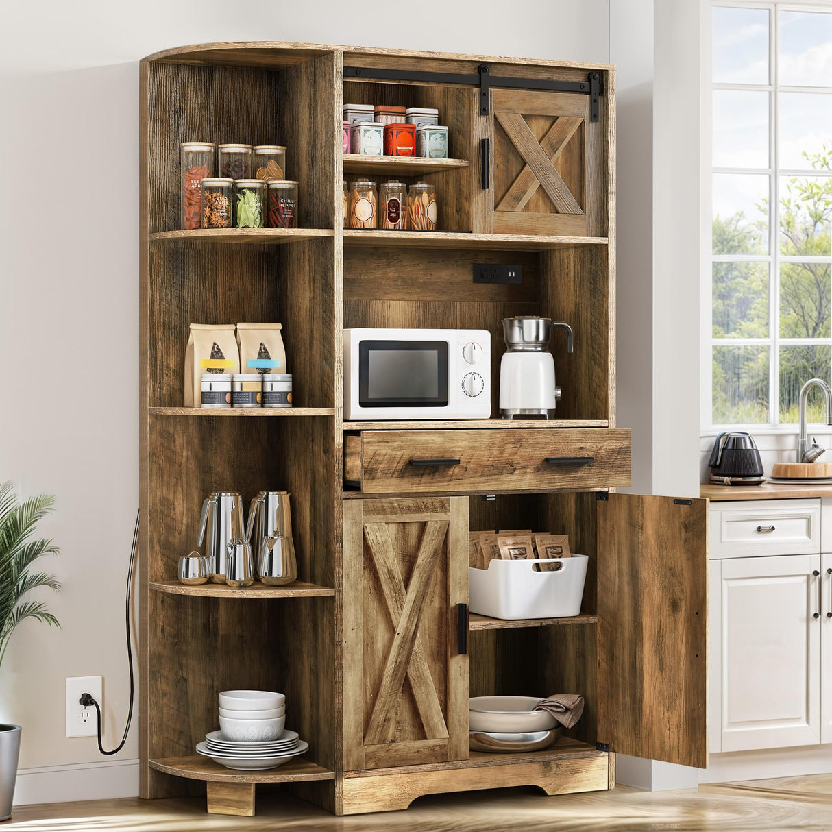 DWVO 67.3" Farmhouse Kitchen Pantry, Storage Cabinet Baker Rack with Power Outlet, Freestanding Hutch with Barn Door & Drawer, Buffet Sideboard with Microwave Stand for Dining Room, Rustic Brown DWVO